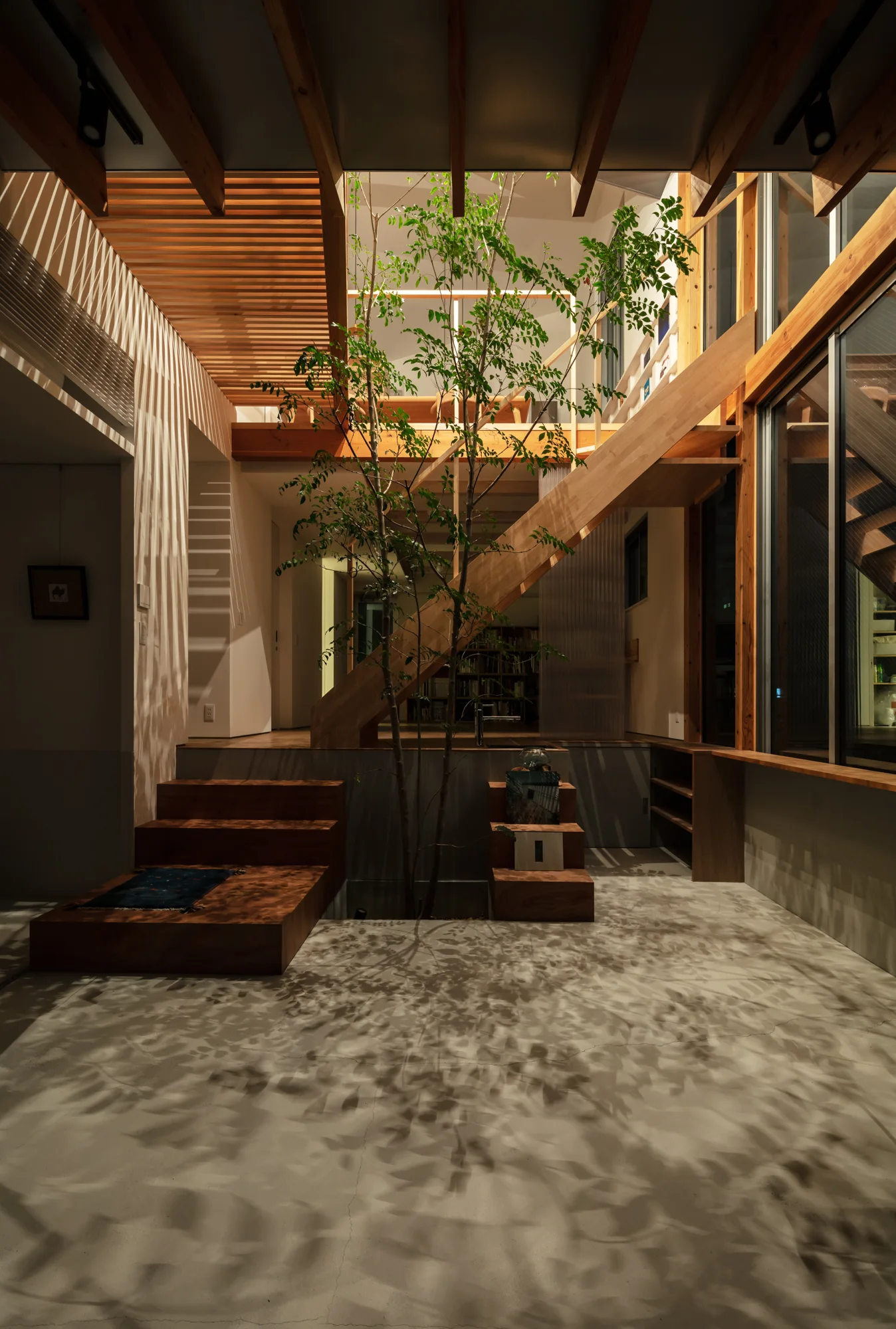 A minimalist residential entryway with a concrete floor, wooden staircase, slatted ceiling, and a green indoor tree casting shadows.