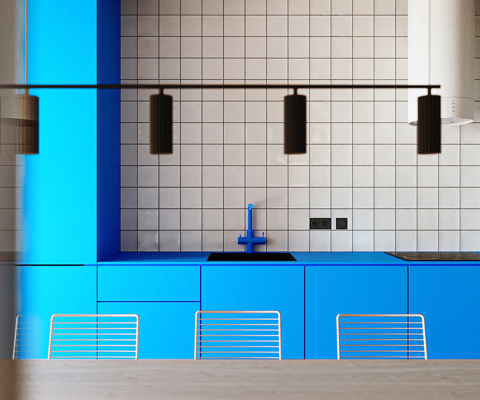 A minimalist kitchen features vibrant blue cabinets and a matching faucet against a white square tile backsplash with metal wire barstools.