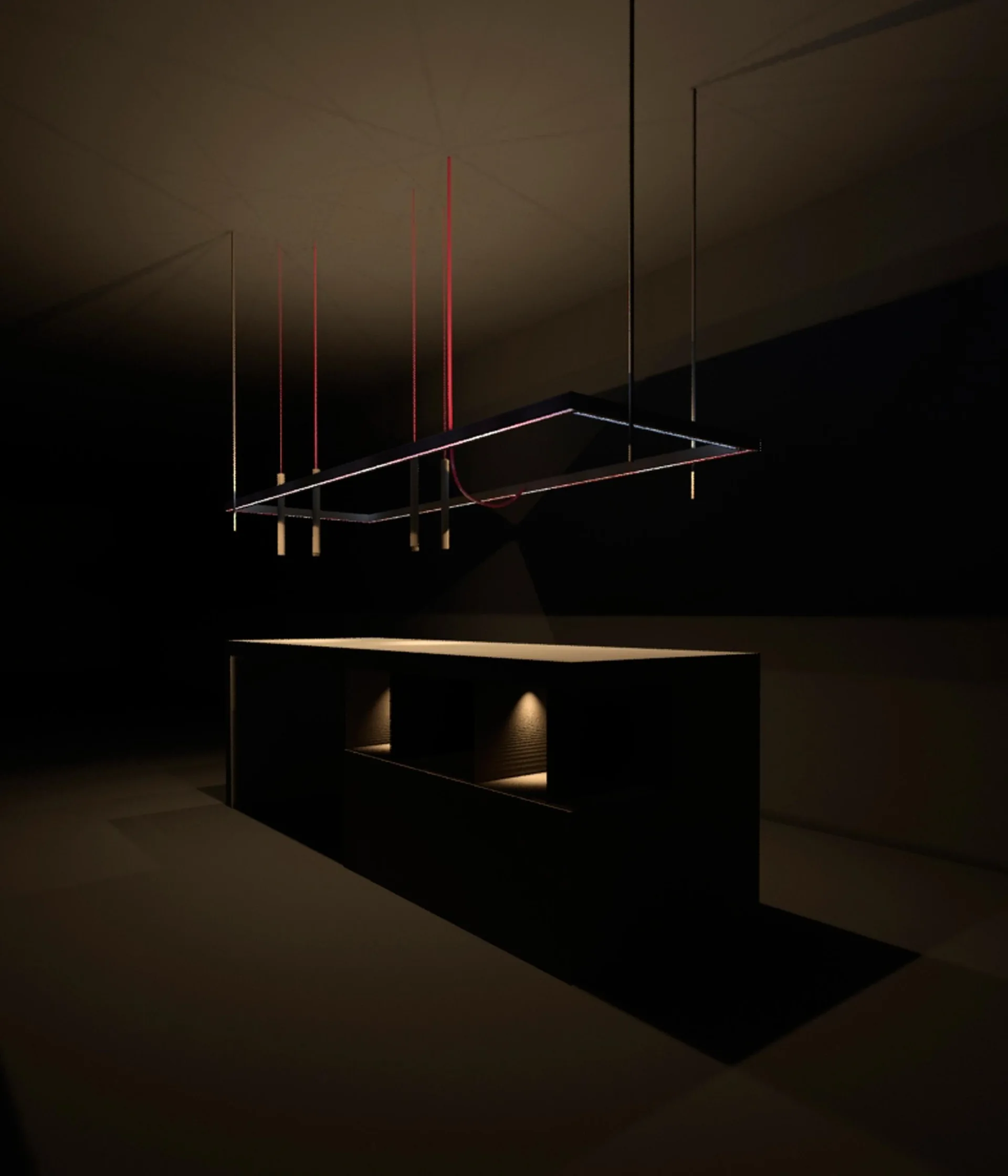 A dark minimalist kitchen island featuring warm recessed spotlights beneath a large suspended rectangular metal pendant light frame with red cord details.