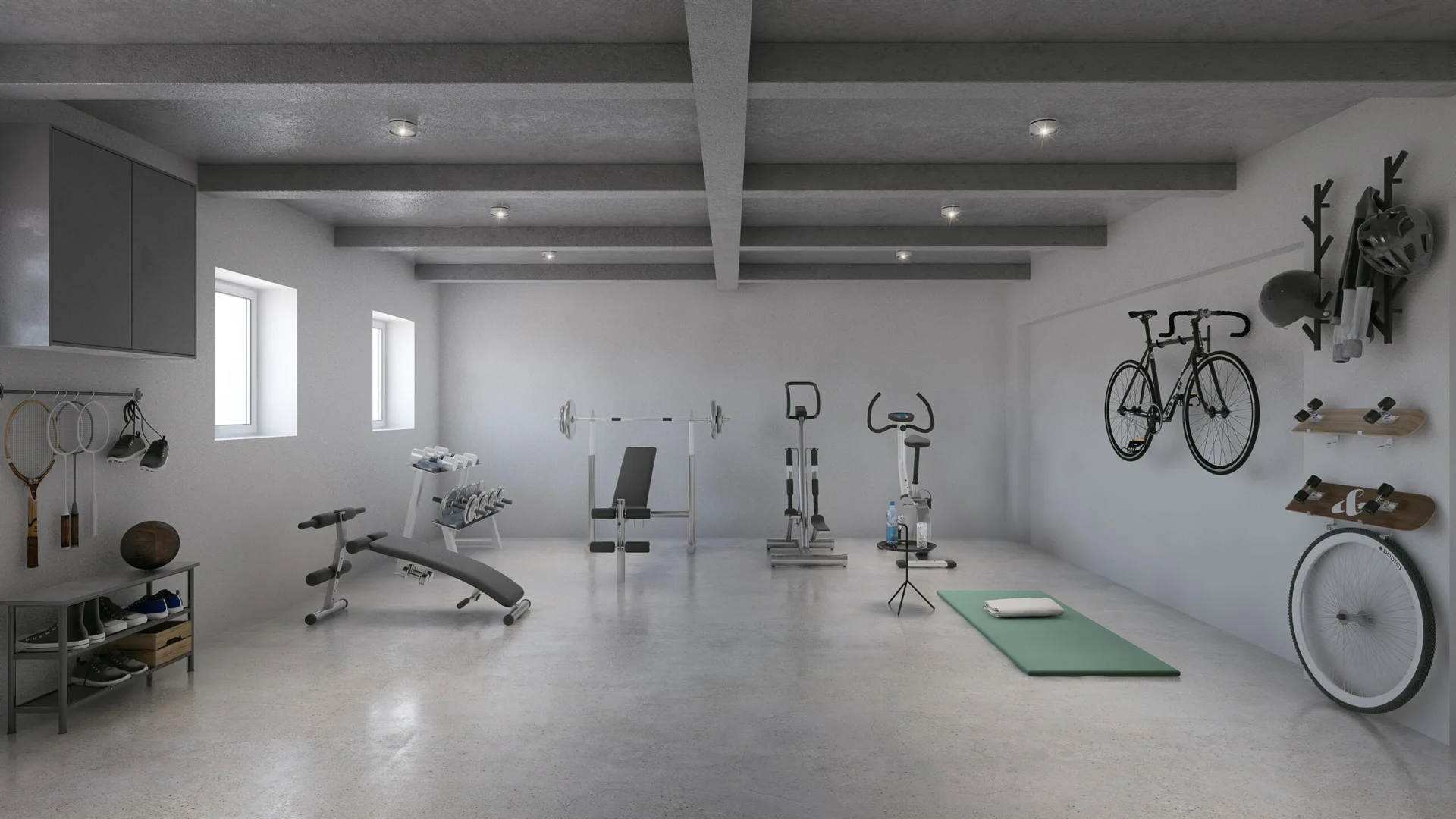 A minimalist home gym with a grey concrete floor and ceiling beams, featuring various fitness equipment, a green yoga mat, and a wall-mounted bicycle.