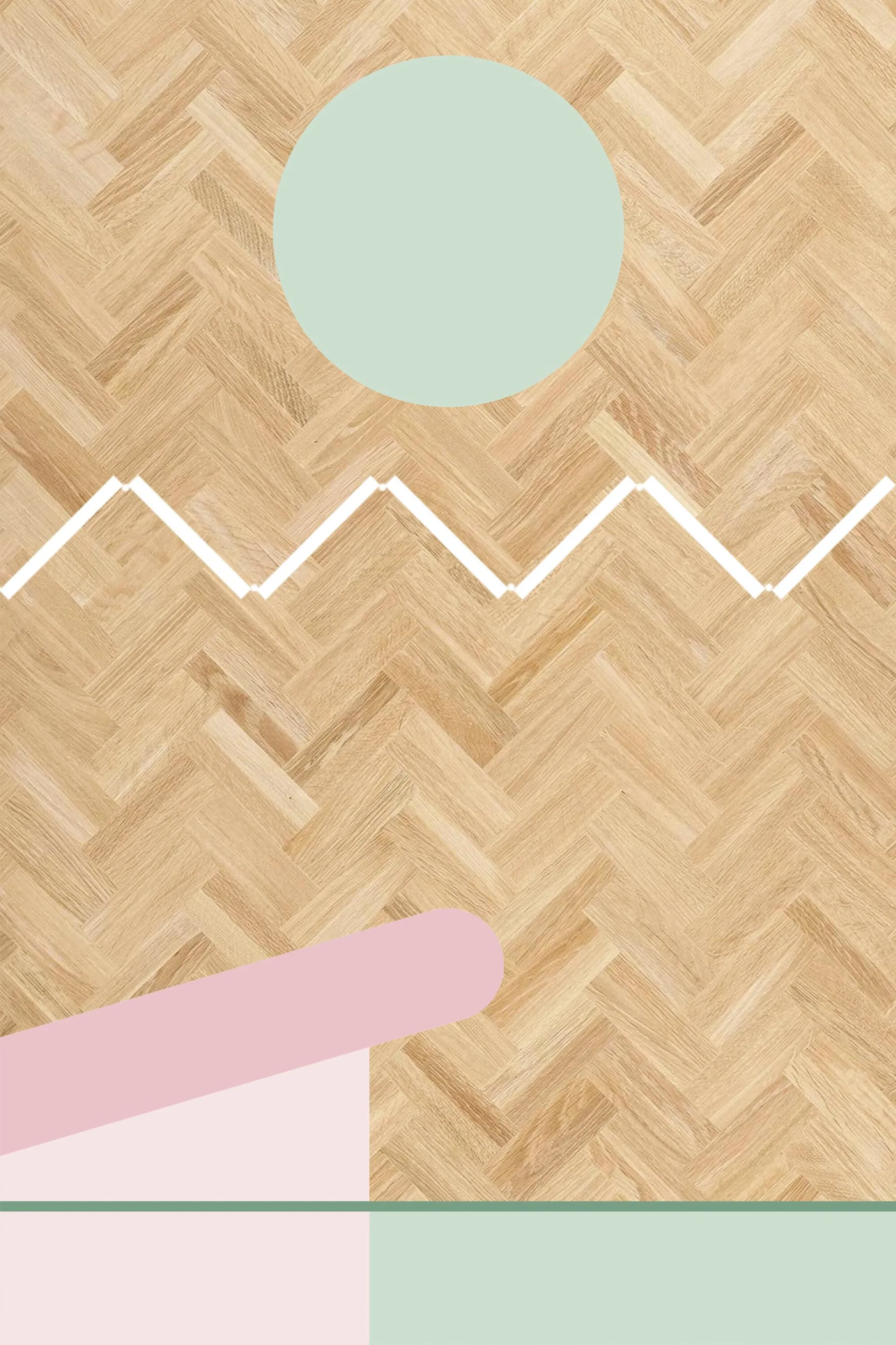 Light-toned wood flooring in a herringbone pattern features an abstract overlay of a mint green circle, a white zigzag line, and pink shapes.