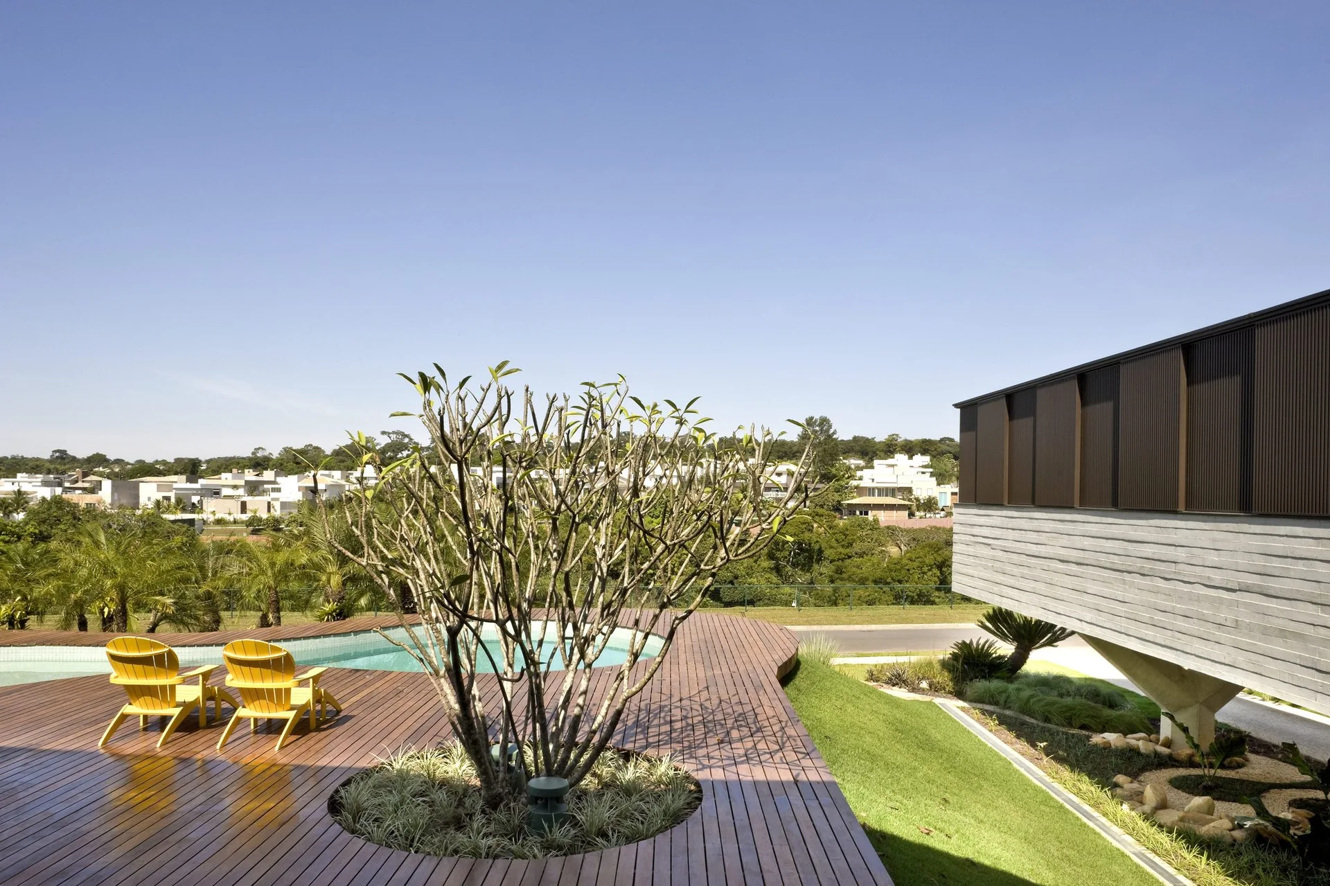 Two yellow Adirondack chairs sit on a curved wooden pool deck next to a tree cutout and a modern concrete house.