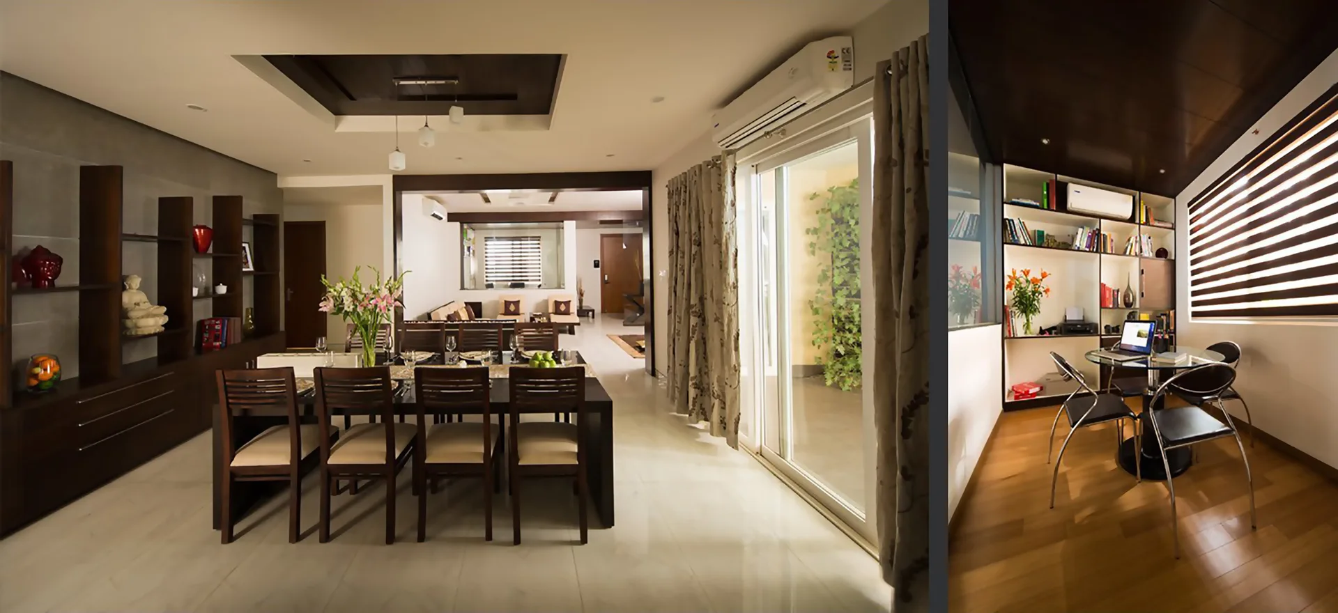 A spacious dining room with a dark wood table and chairs next to a sliding glass door alongside a modern home office with built-in bookshelves.