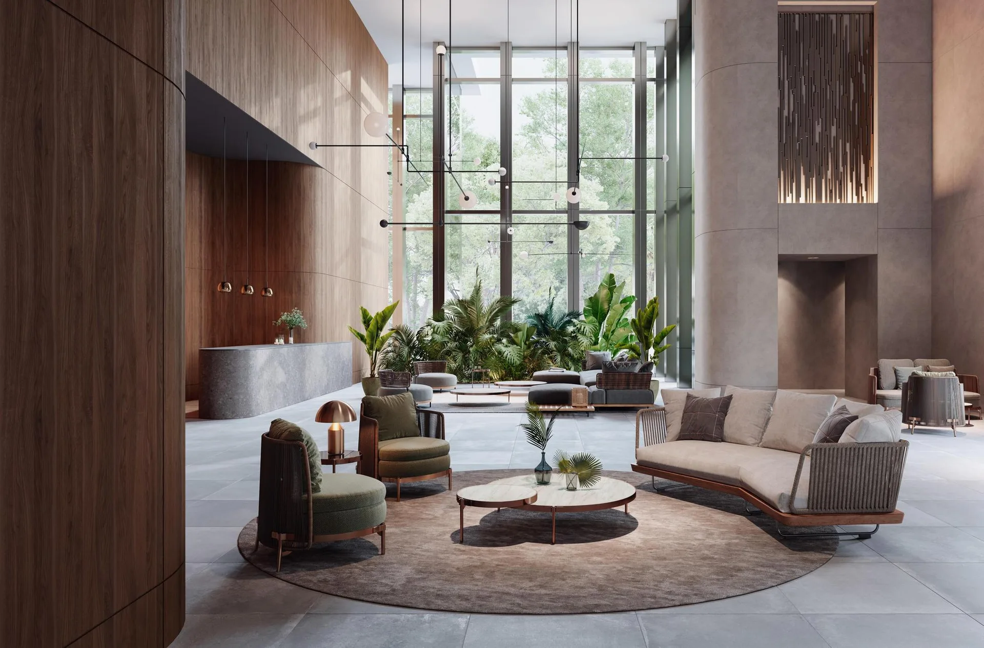 A spacious double-height lobby lounge features curved beige sofas, olive green armchairs, wood-paneled walls, and a large window looking onto trees.