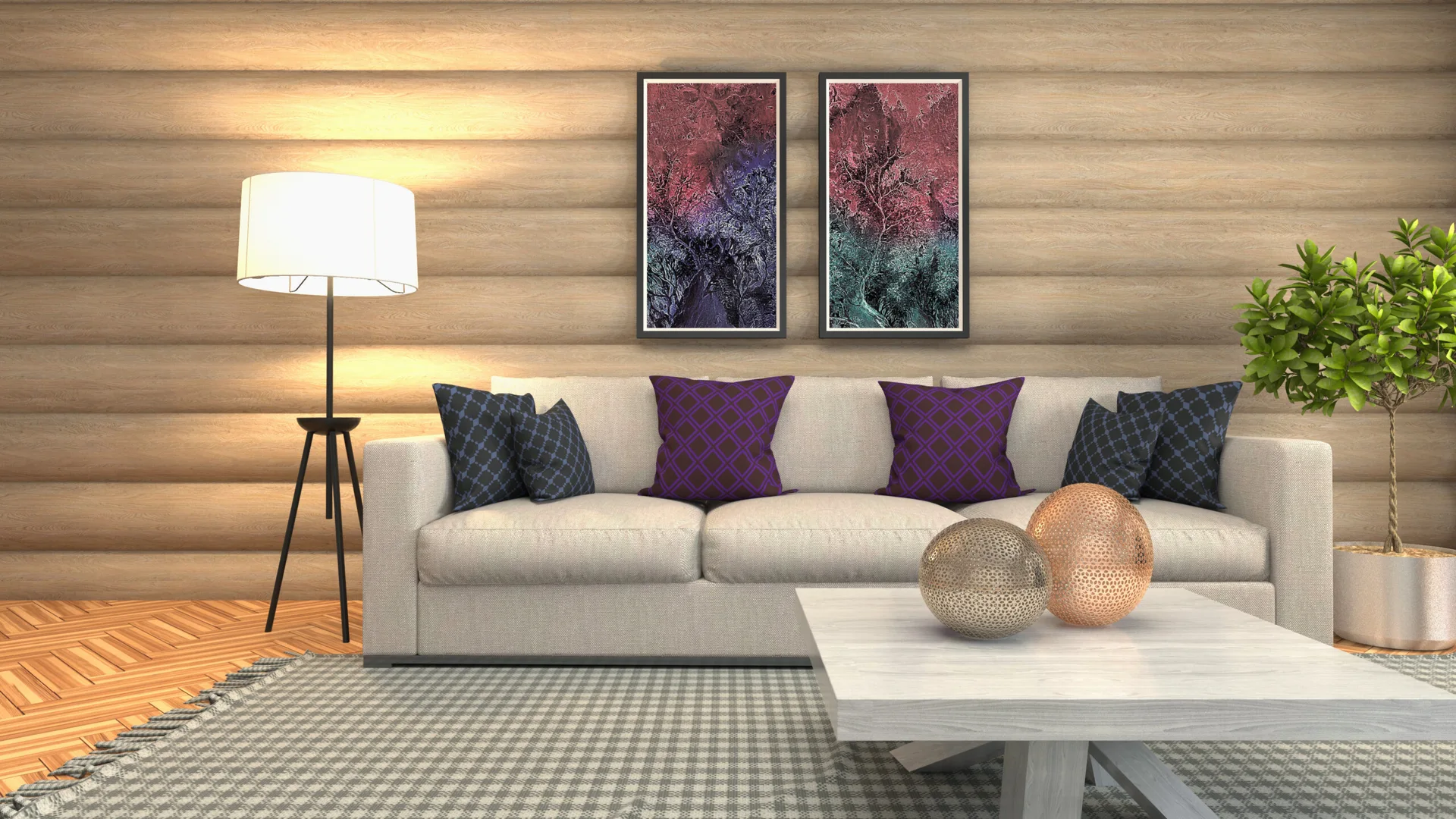 A cream sofa with purple and blue cushions is placed against horizontal log walls alongside a tripod floor lamp and a checkered rug.