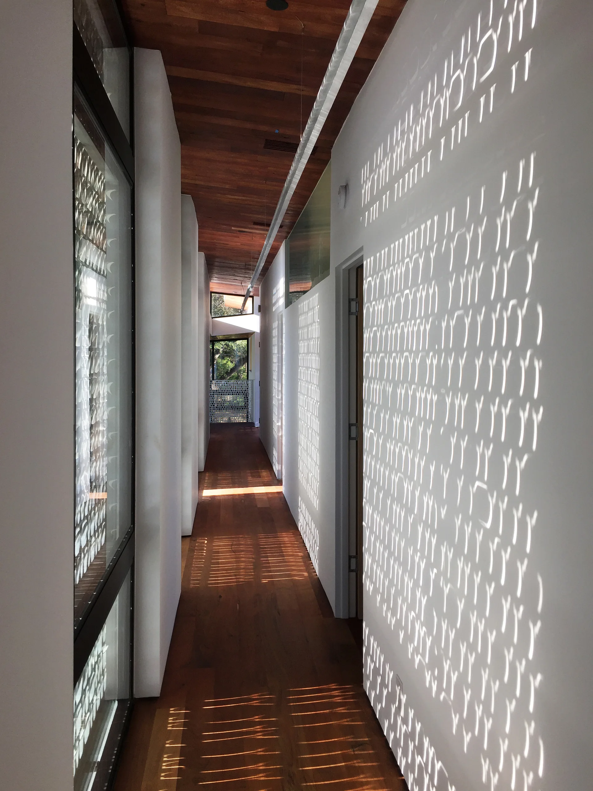 A long minimalist hallway features warm wood flooring, a matching wood ceiling, and white walls decorated by intricate sunlight shadows.