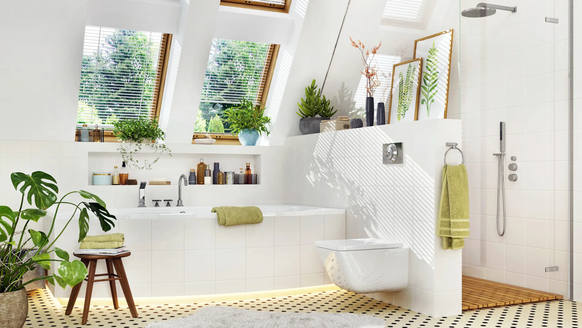 A bright attic bathroom featuring a tiled bathtub under skylights, a wall-hung toilet on a partition wall, and a walk-in shower.