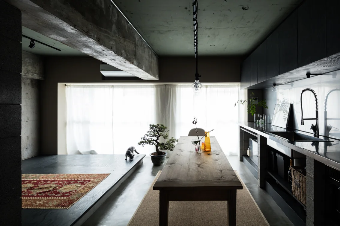 Dwelling With Independent Concrete Block Wall, Asano, Izue Architect Office, Interior, Kitchen, Table, Lighting, Sink, Windows