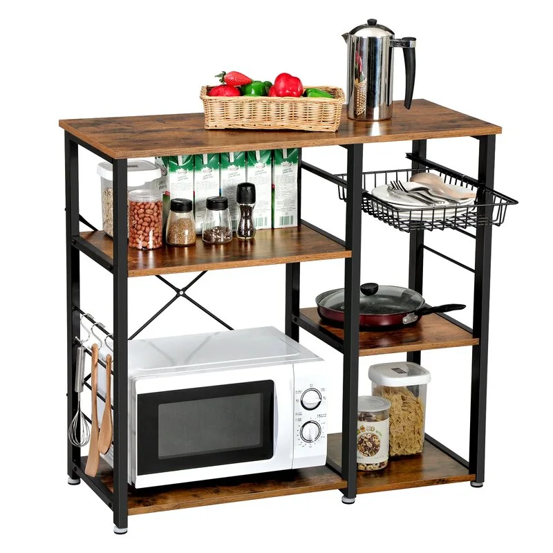 A black metal and wood-toned kitchen bakers rack holds a white microwave, food canisters, and kitchen utensils against a white background.