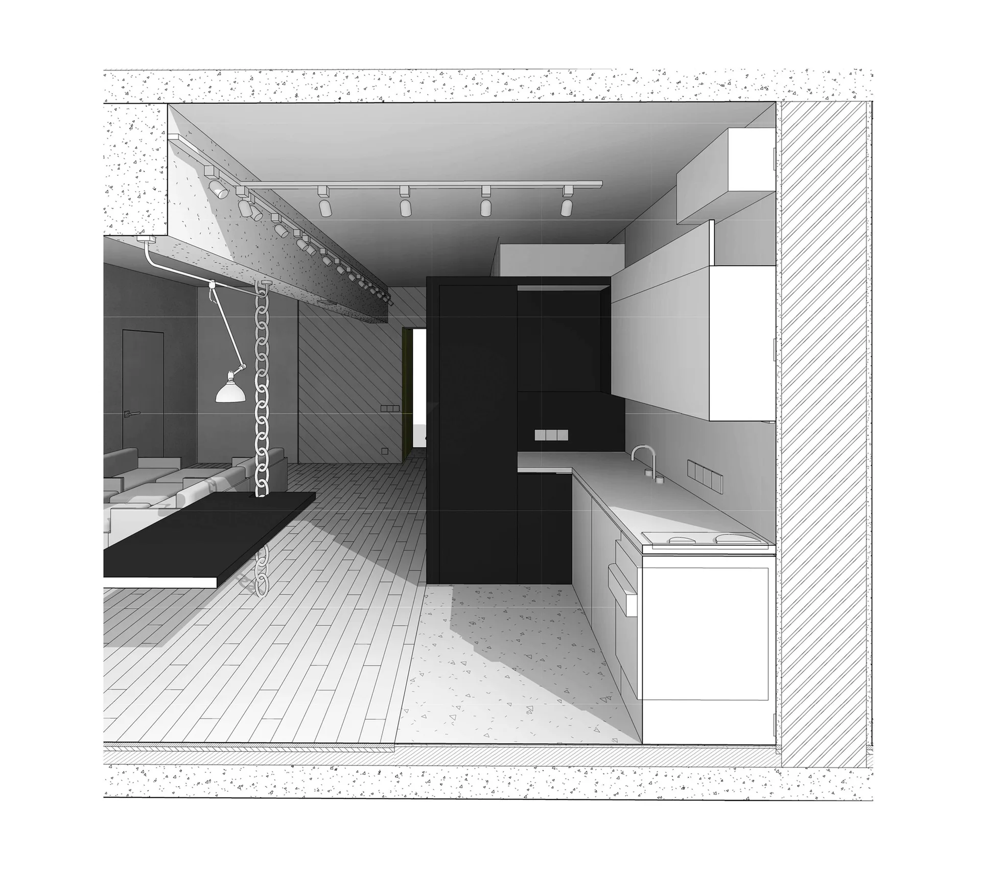 A monochrome architectural section drawing of a minimalist kitchen with light cabinetry, speckled flooring, and an adjacent living area.