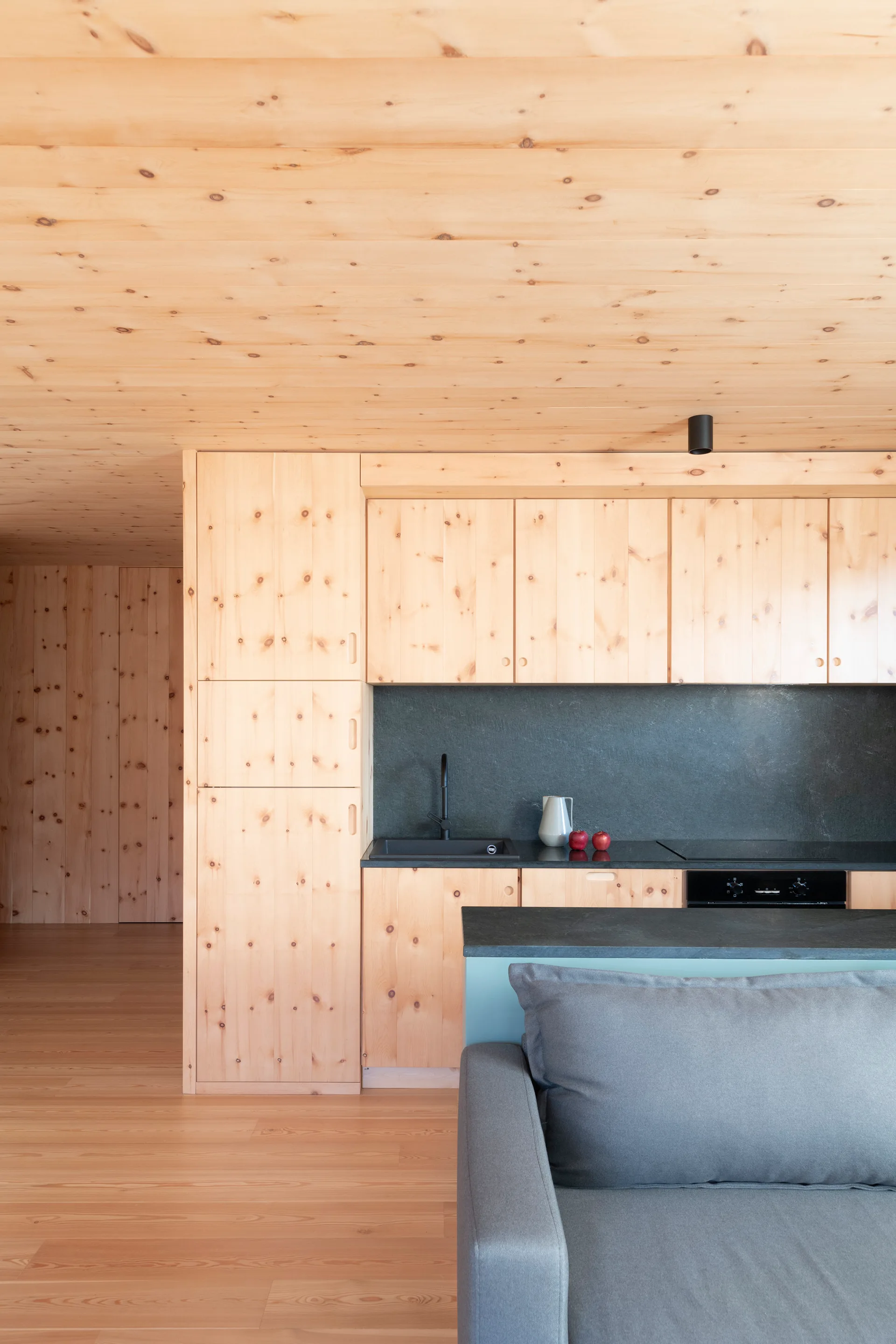 A modern kitchen clad in knotty pine wood paneling features dark grey countertops, a black faucet, and a grey sofa in the foreground.