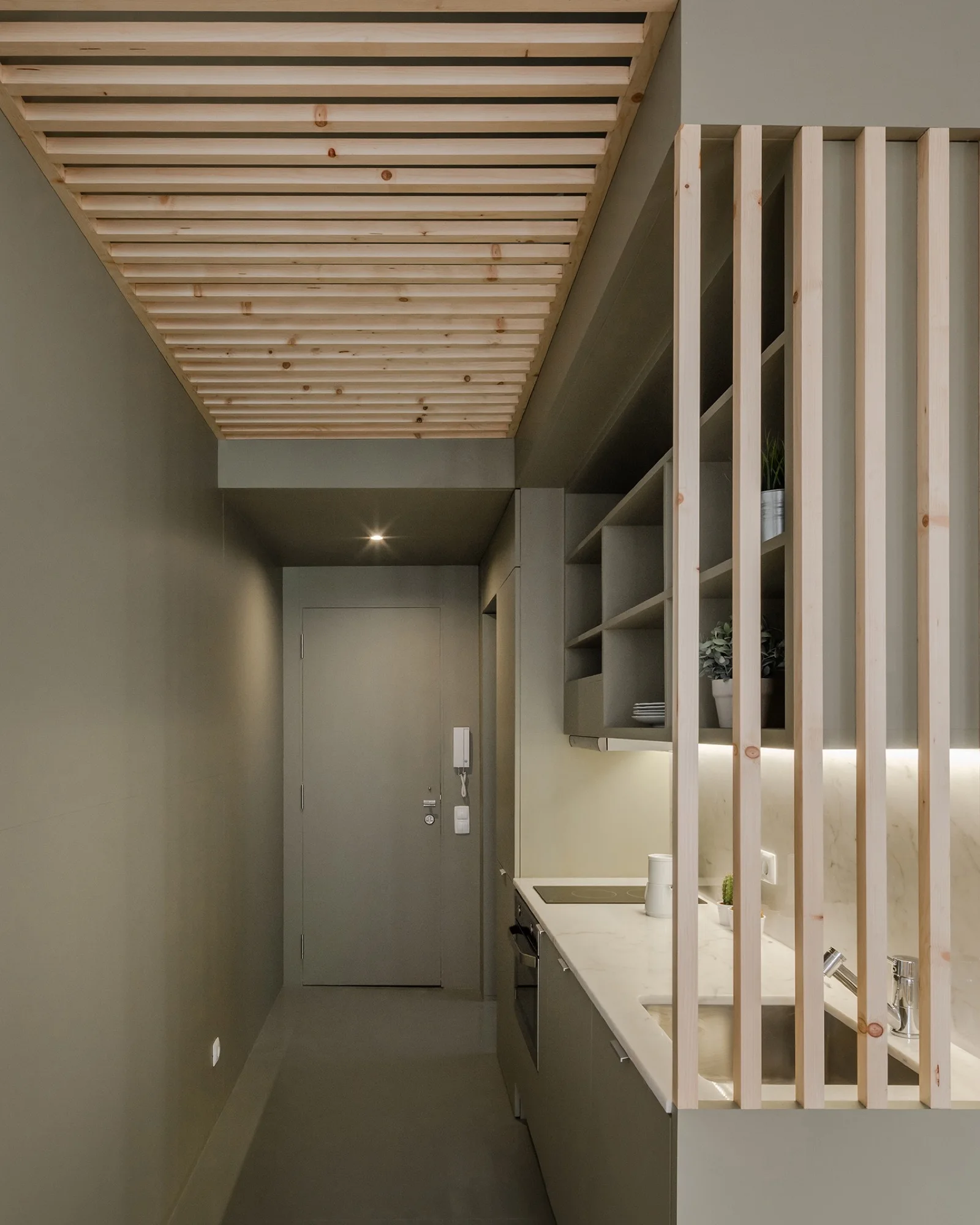 A compact kitchen and hallway featuring olive green walls, a slatted wood ceiling, and a vertical wood slat partition screen next to the counter.