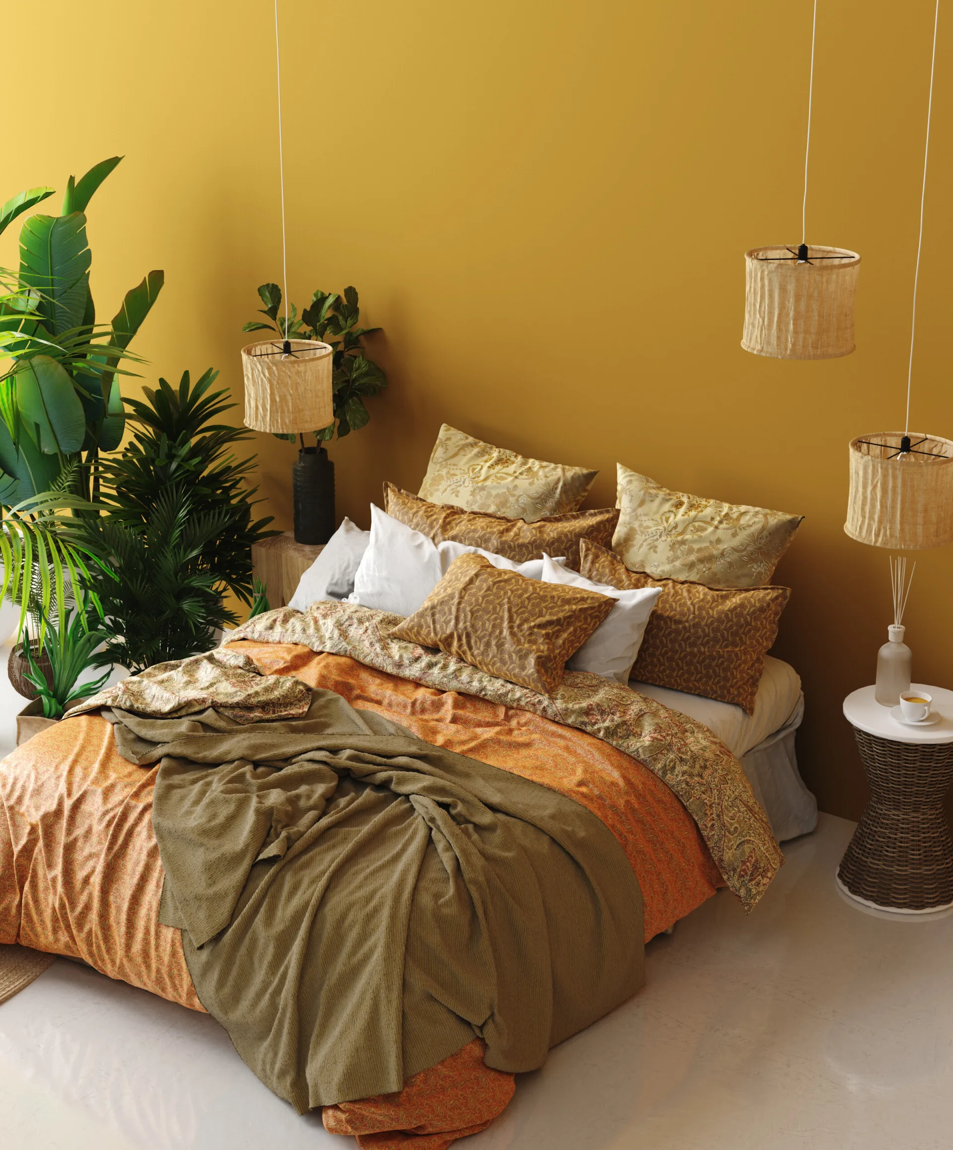 A bed with layered orange, olive, and patterned bedding sits against a mustard yellow wall flanked by hanging wicker pendant lights.