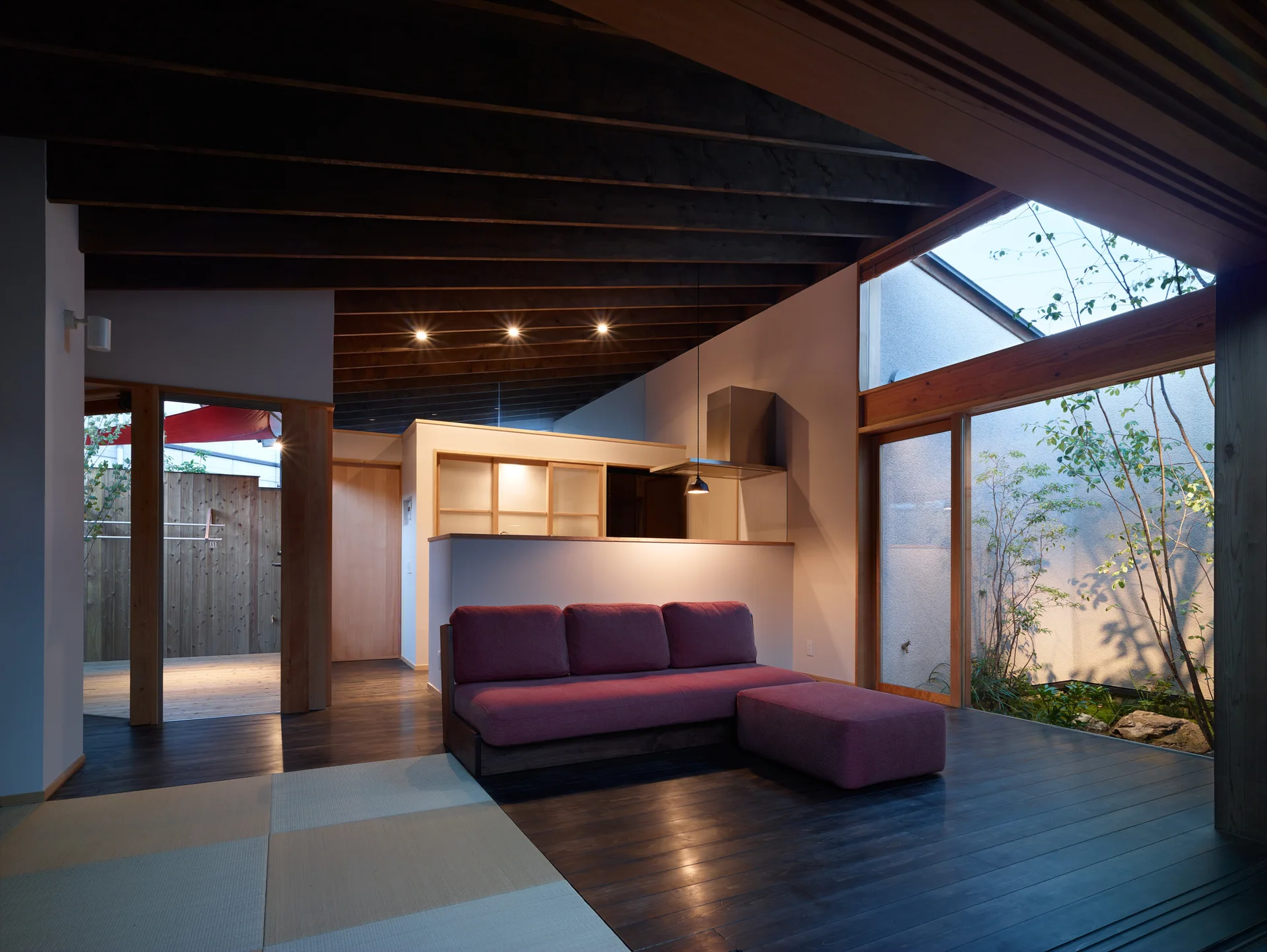 A modern living room features a plum sofa on dark wood floors next to inset tatami mats and a large glass window looking onto a pocket garden.
