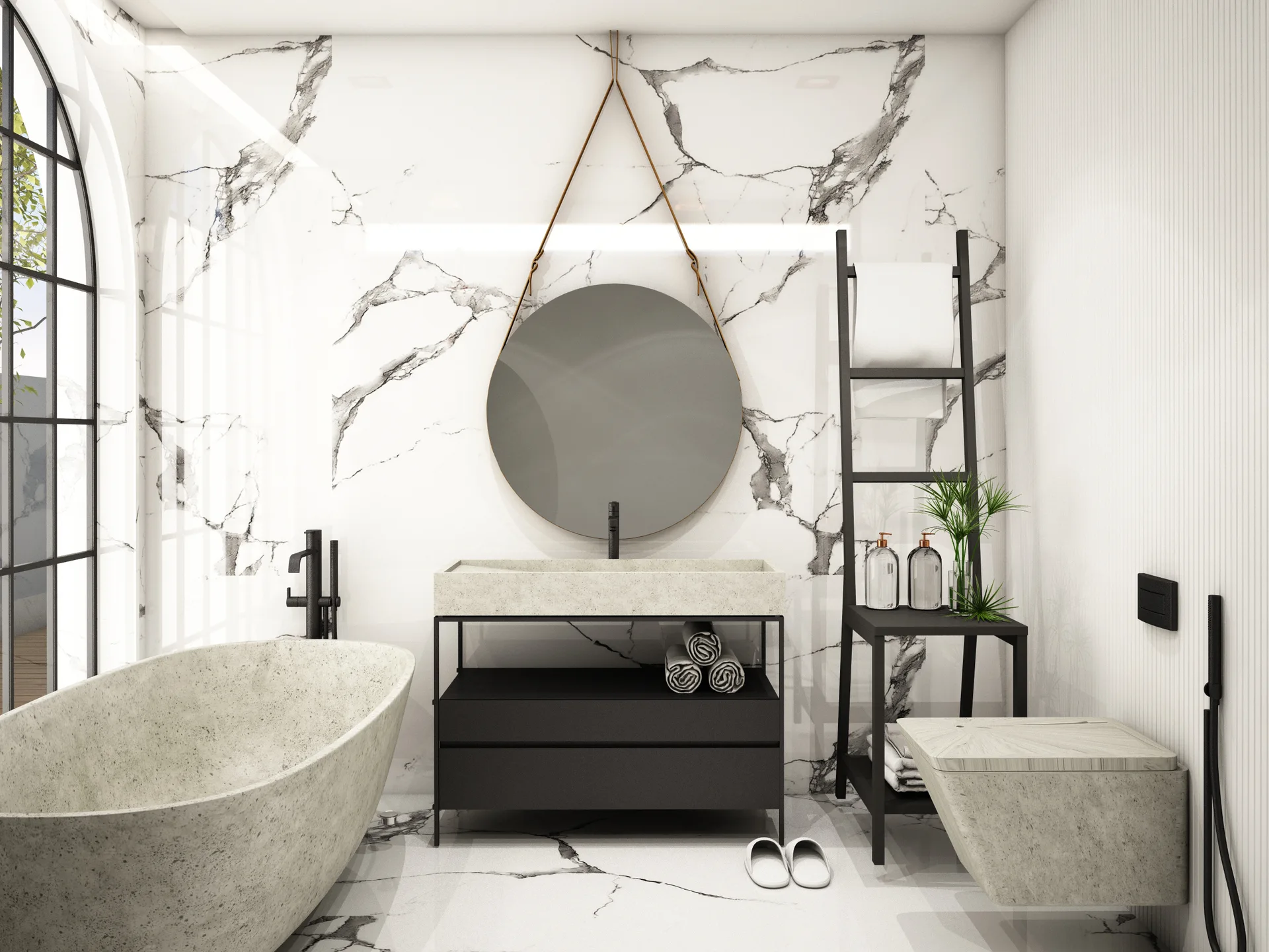 A modern bathroom featuring a freestanding stone bathtub, a round hanging mirror, and a black vanity set against veined white marble walls.