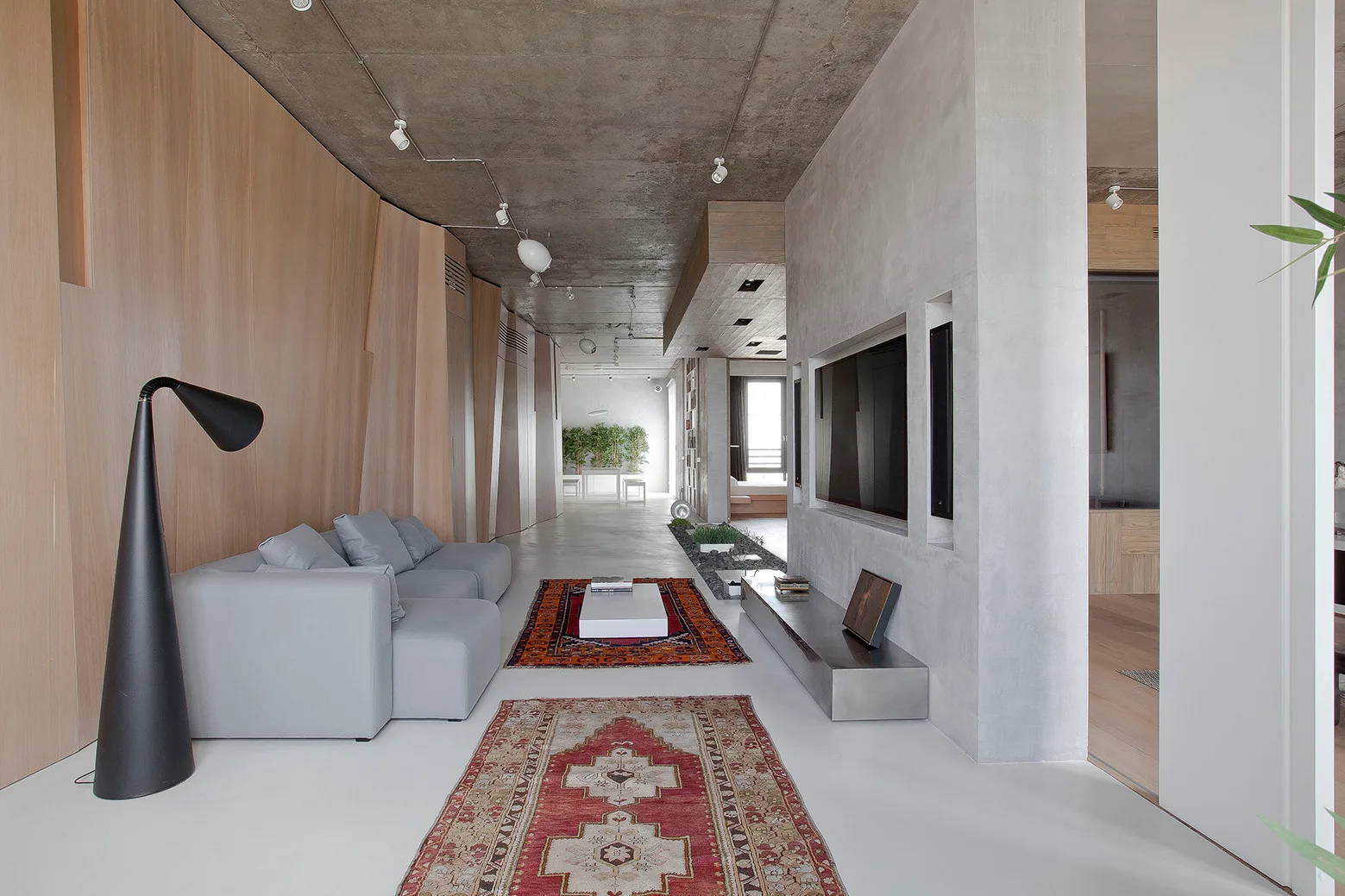 A minimalist living room features a grey low-profile sofa next to a curved wood-paneled wall, under an exposed raw concrete ceiling.