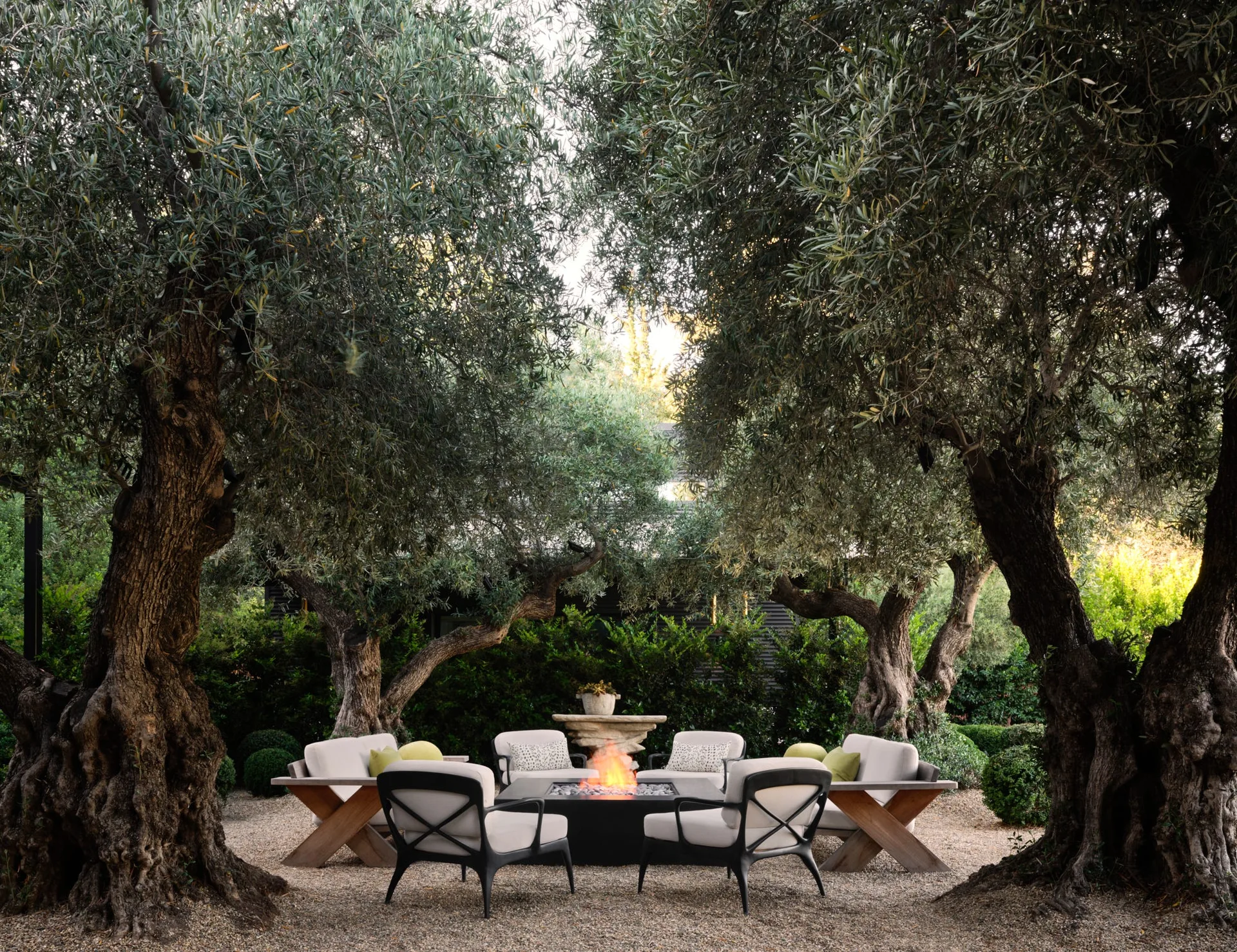 A circular arrangement of modern wood and metal lounge chairs surrounds a burning fire pit on a gravel patio under large olive trees.