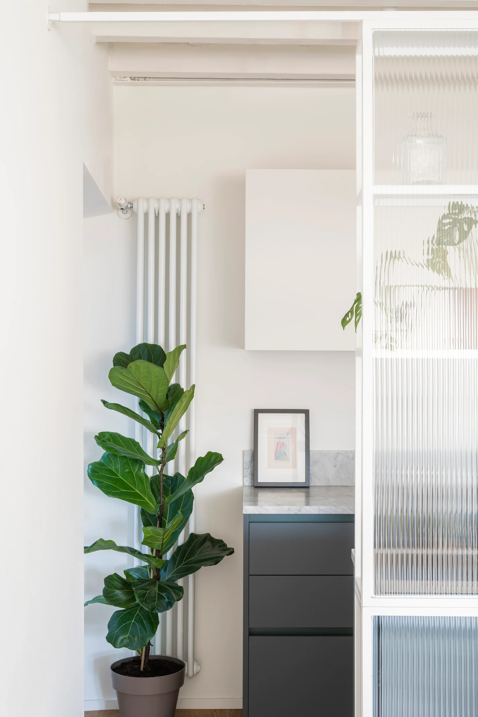A dark grey kitchen cabinet with a marble countertop sits beside a tall white radiator, a potted fiddle-leaf fig, and a fluted glass screen.