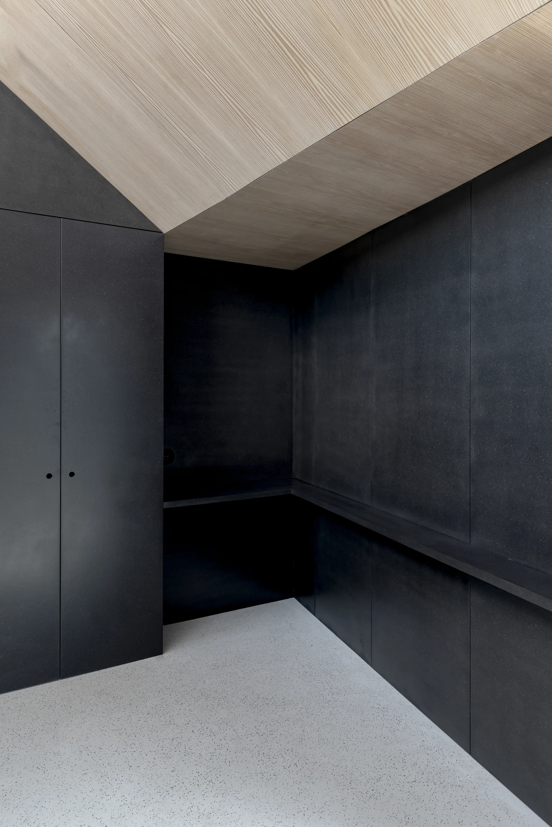 Minimalist black floor-to-ceiling cabinetry meets an angled light wood ceiling above a speckled grey floor.