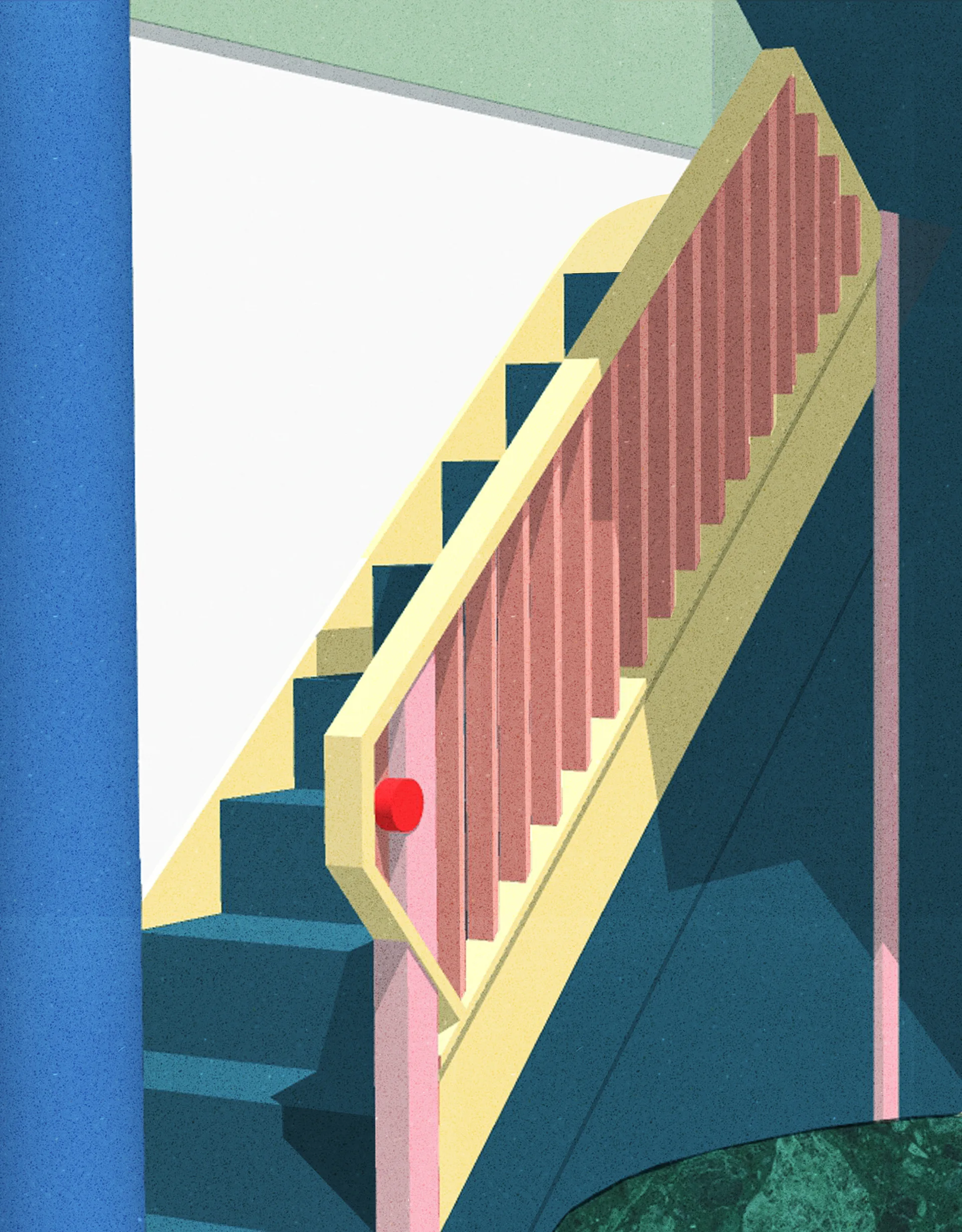 A stylized digital illustration of a postmodern staircase featuring blue steps, a yellow handrail, pink balusters, and a green marbled floor.