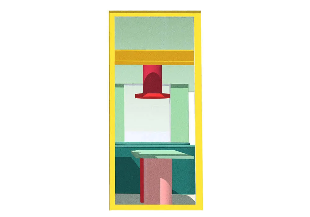 A geometric digital illustration of a minimalist kitchen featuring a bright red range hood above a pink and green island.