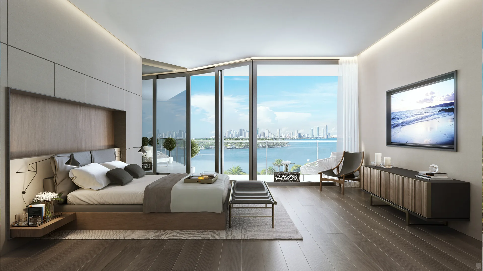 A modern bedroom features an integrated wood headboard, a slatted media console, and floor-to-ceiling windows showing a waterfront skyline.
