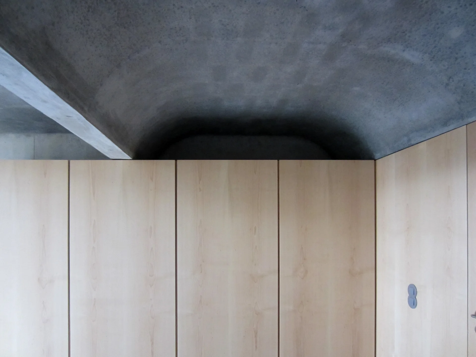 Light wood panel cabinetry meets a curved, exposed concrete ceiling and structural beam in a minimalist room.