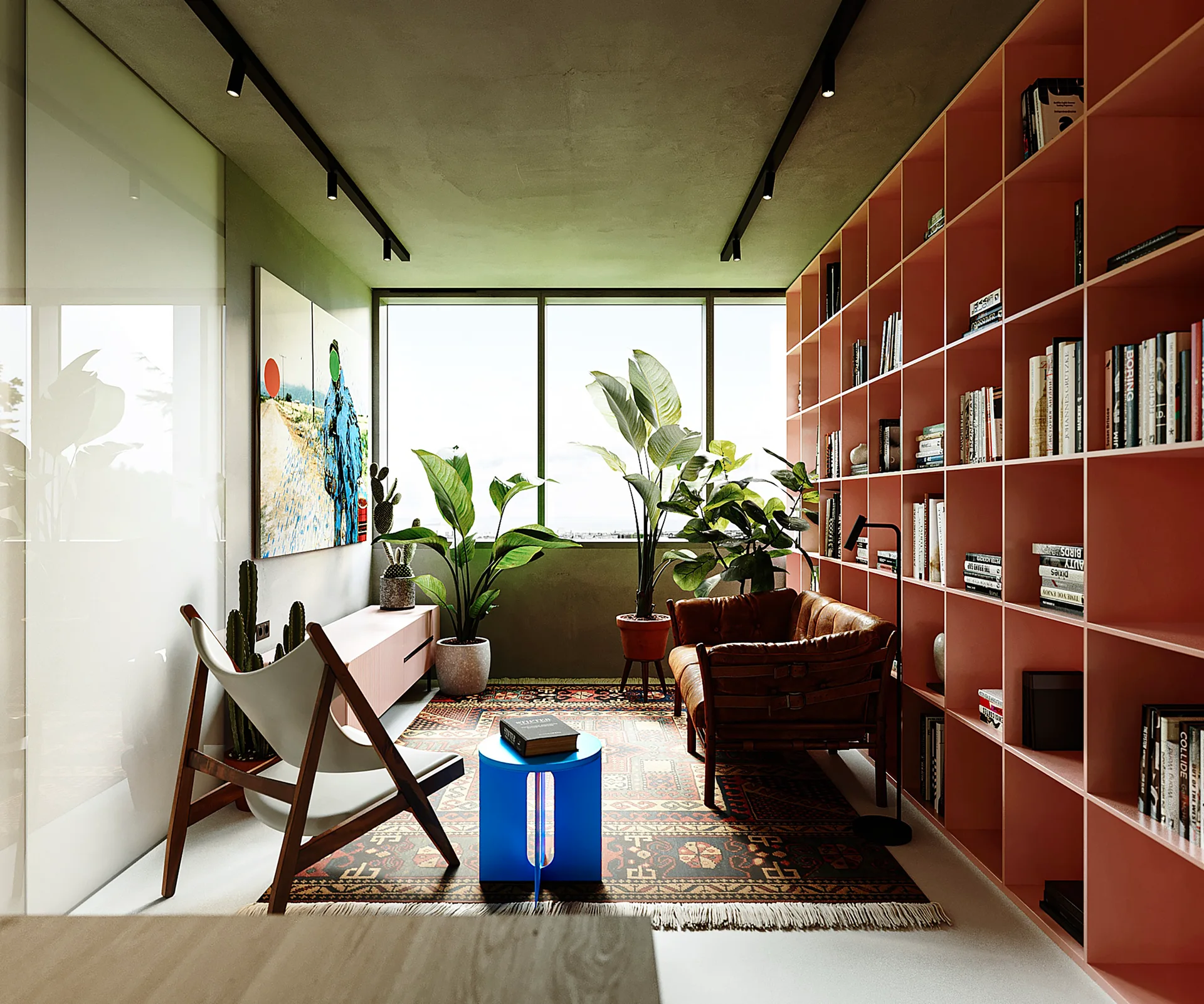 A modern home library with a large salmon-colored bookshelf, a brown leather lounge chair, and a bright blue side table on a patterned rug.