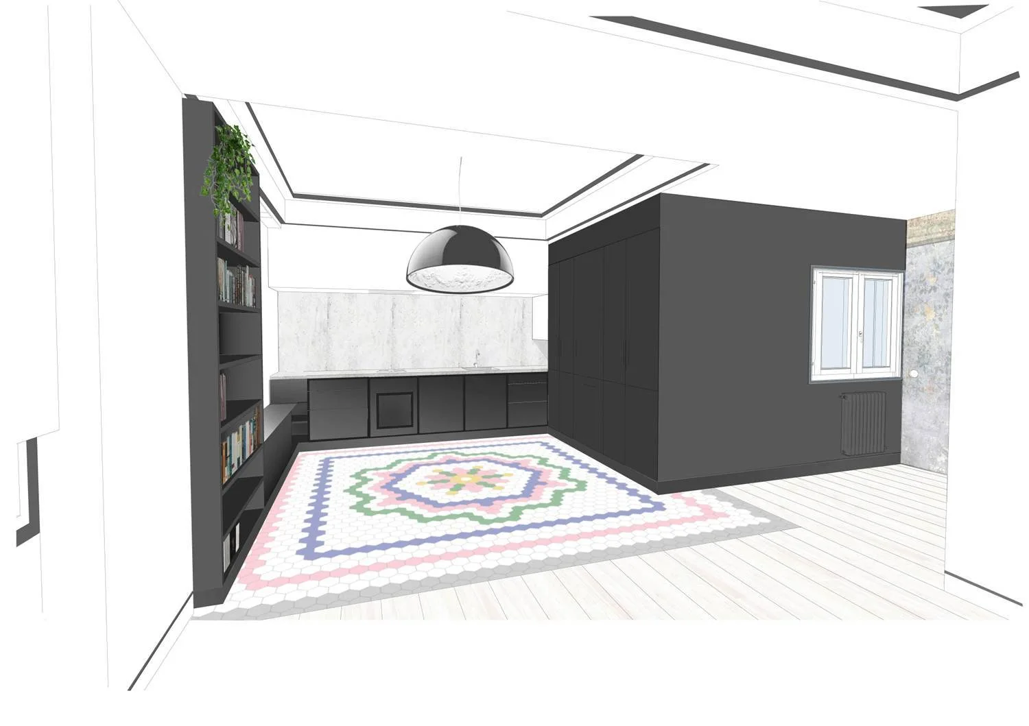 A 3D rendering of a minimalist kitchen featuring dark gray cabinetry, a black dome pendant light, and a pastel geometric floor pattern.