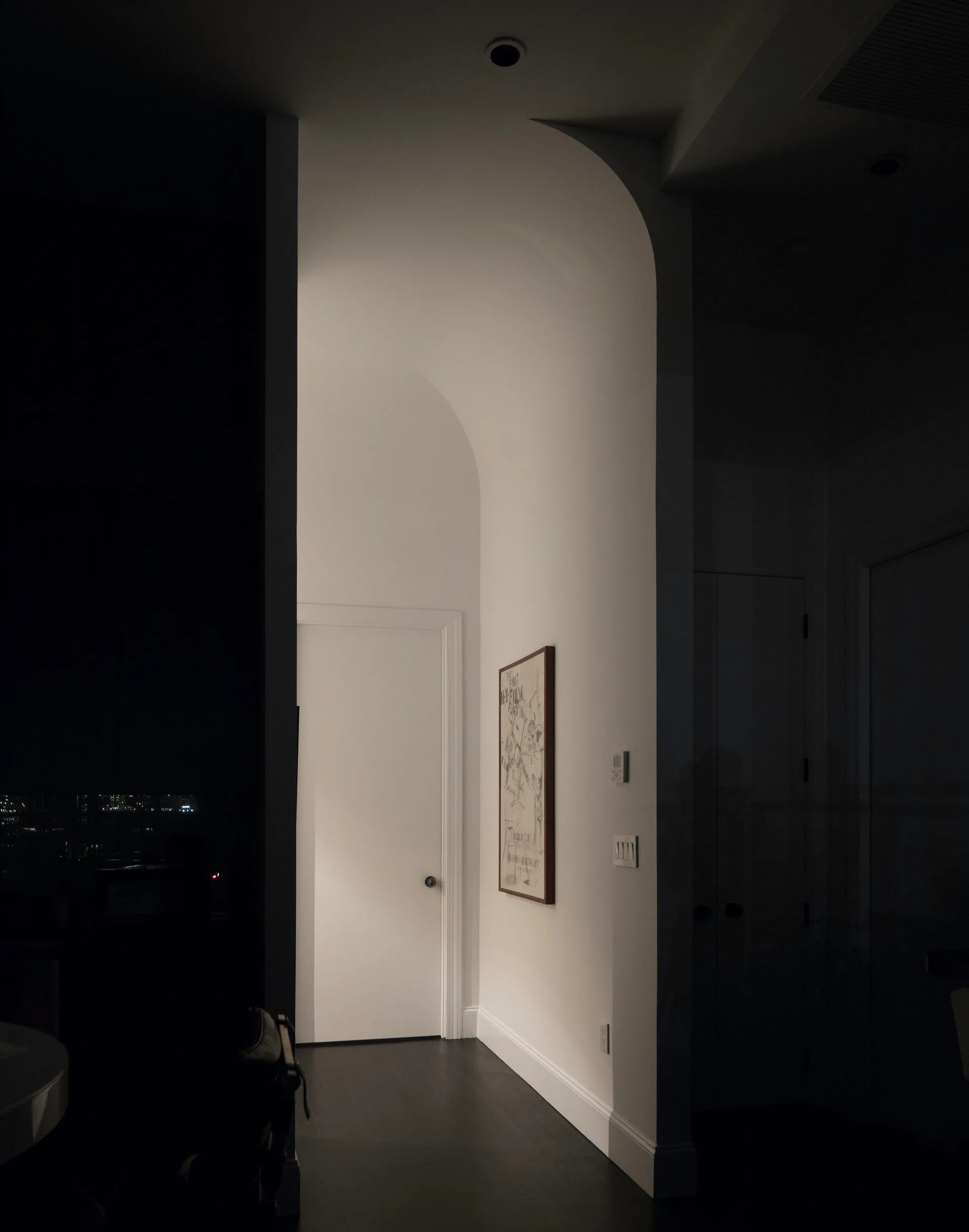 A dimly lit hallway featuring white walls, a curved arched ceiling, a white door, and dark hardwood flooring.