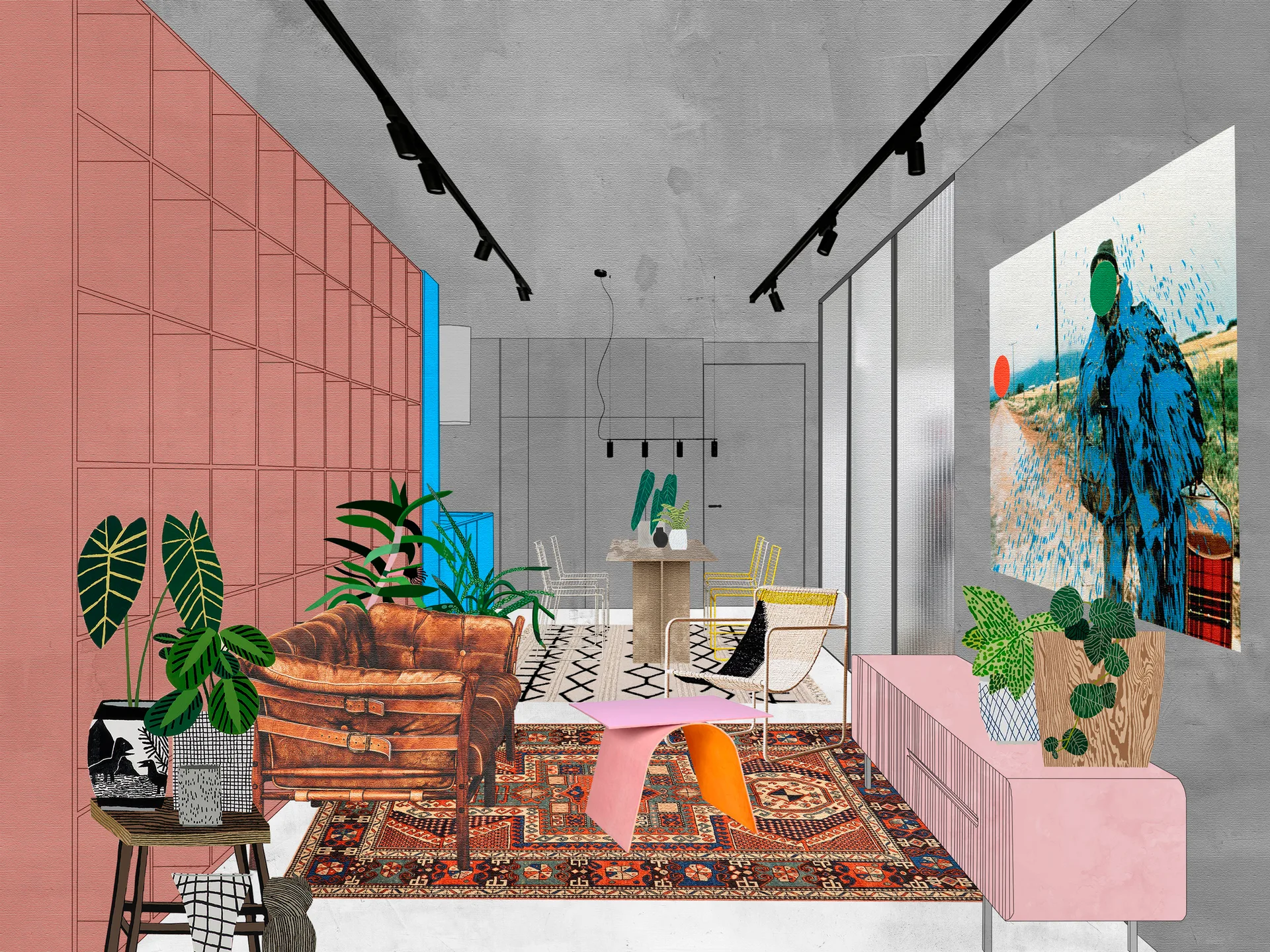 Stylized illustration of an eclectic living room with pink grid wall paneling, a brown leather armchair, and a pink credenza on an ornate rug.