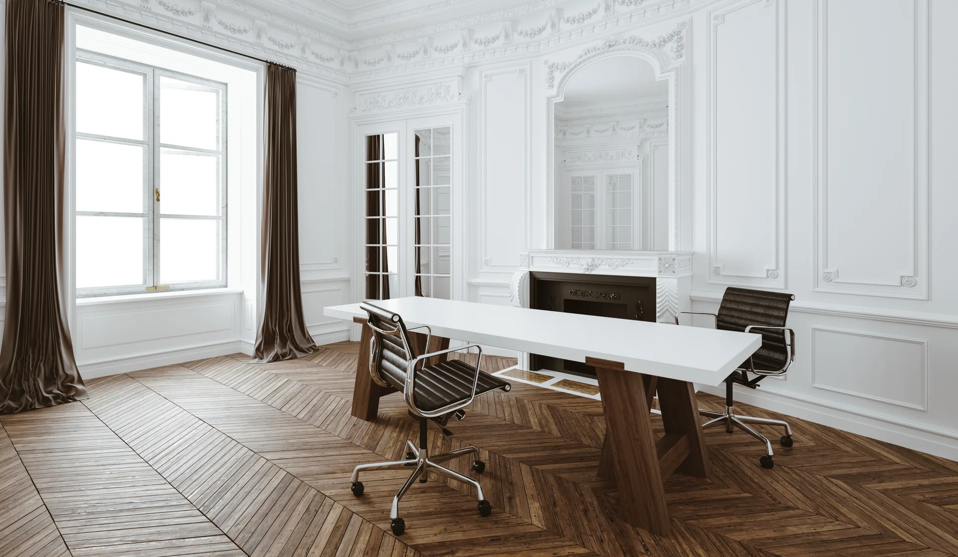 A classical white office features a modern wood desk, black leather office chairs, ornate wall moldings, and herringbone parquet flooring.