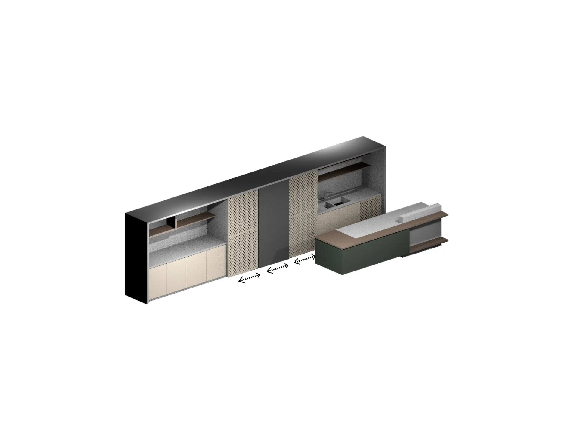 An isometric 3D render of a minimalist kitchen showing a long light beige wall cabinet unit and a dark green kitchen island.