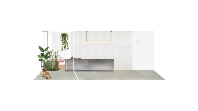 A minimalist kitchen rendering featuring a brushed metal island, vertically paneled white wall, linear pendant light, and concrete flooring.