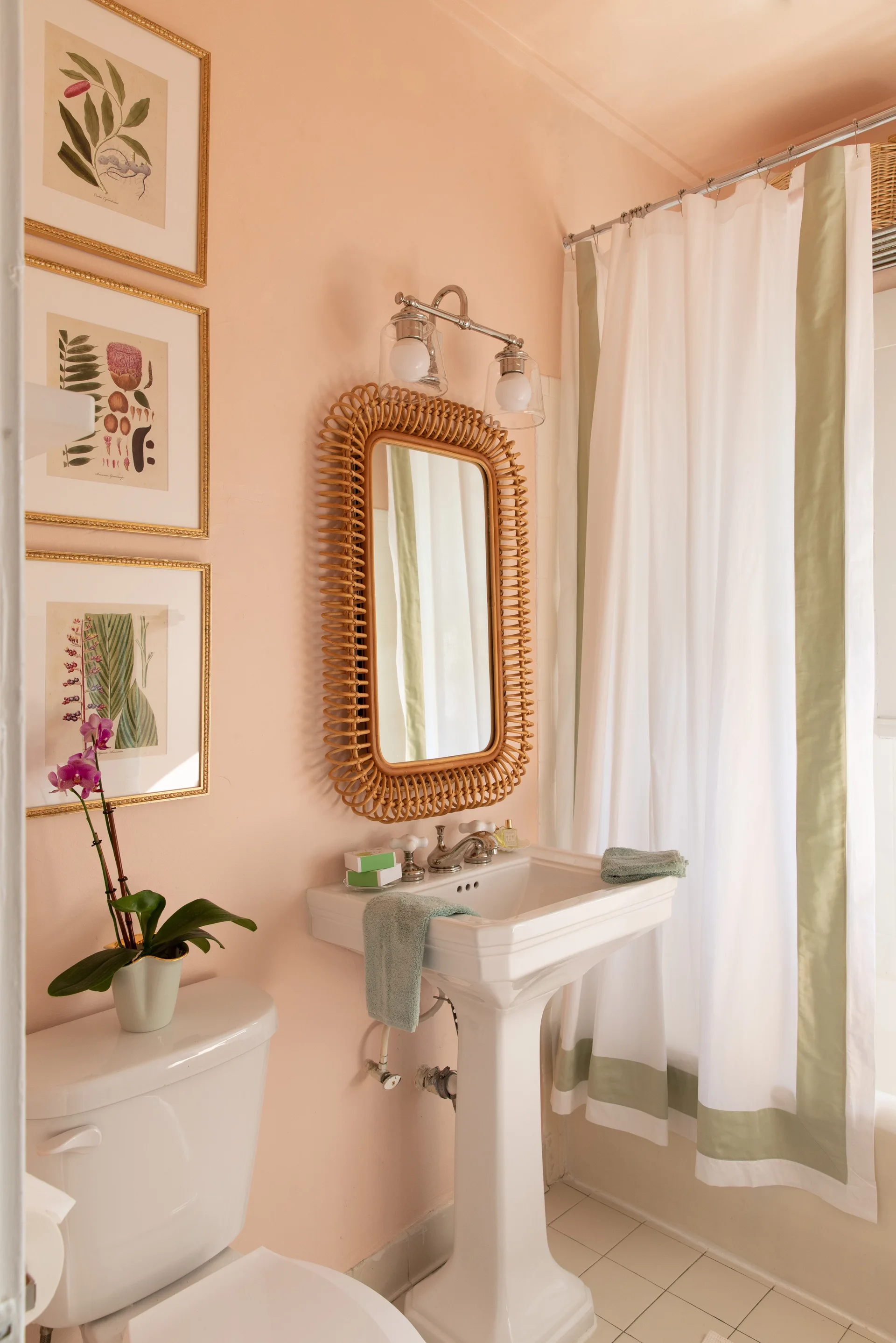 A peach-walled bathroom features a white pedestal sink under a looped rattan mirror, with stacked botanical prints and a bordered shower curtain.