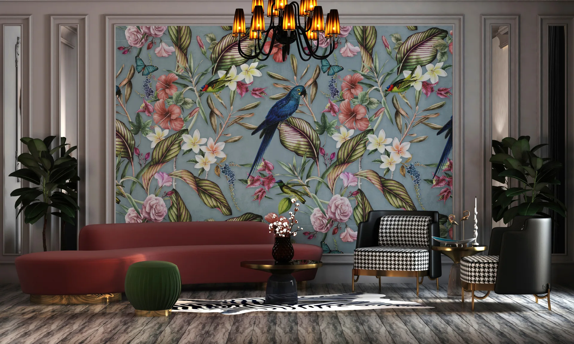 A living room featuring a tropical botanical mural, a curved red sofa, two houndstooth armchairs, and a zebra print rug.