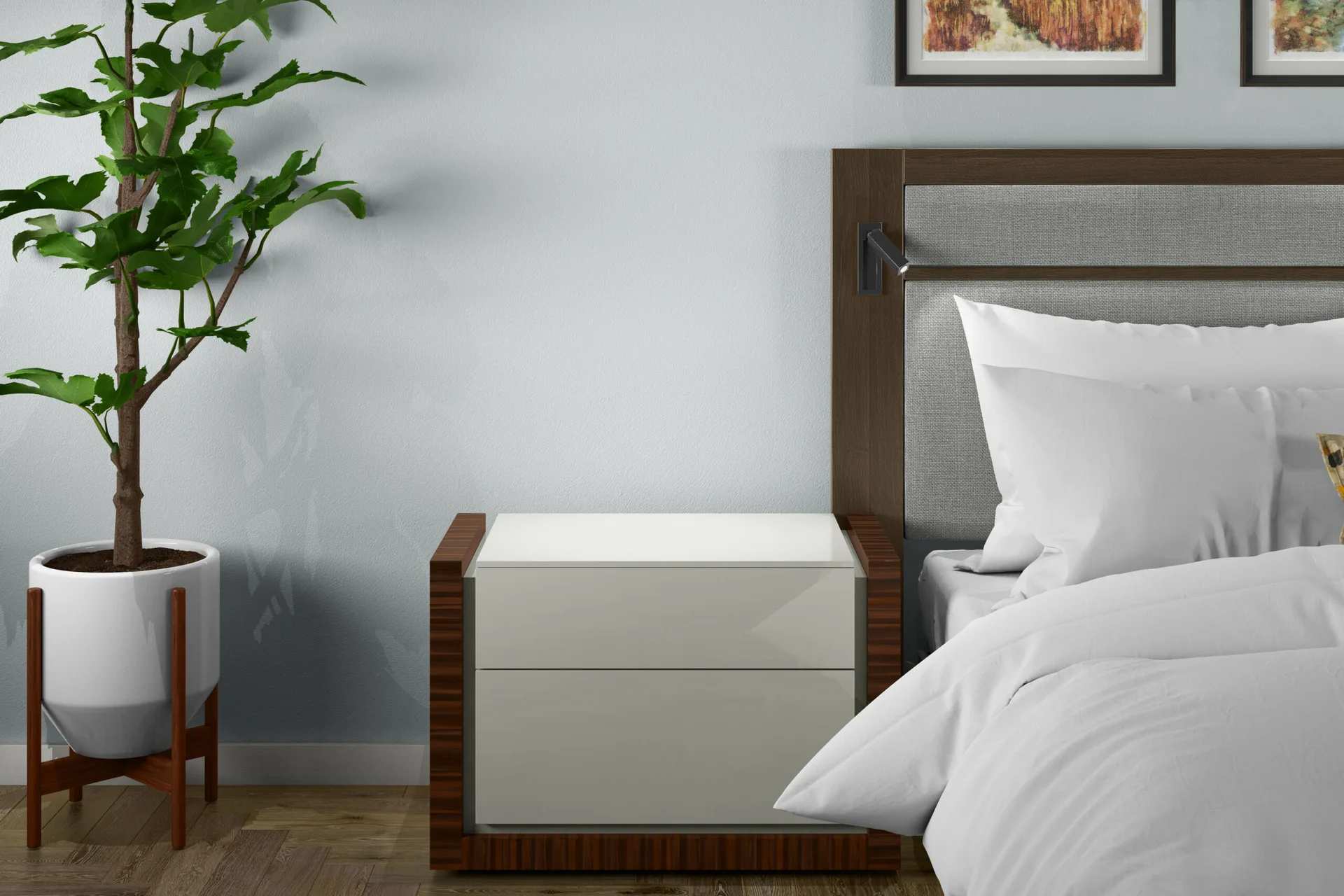 A modern bedroom corner featuring a two-tone nightstand, a wood-framed fabric headboard, and a potted plant in a white stand.