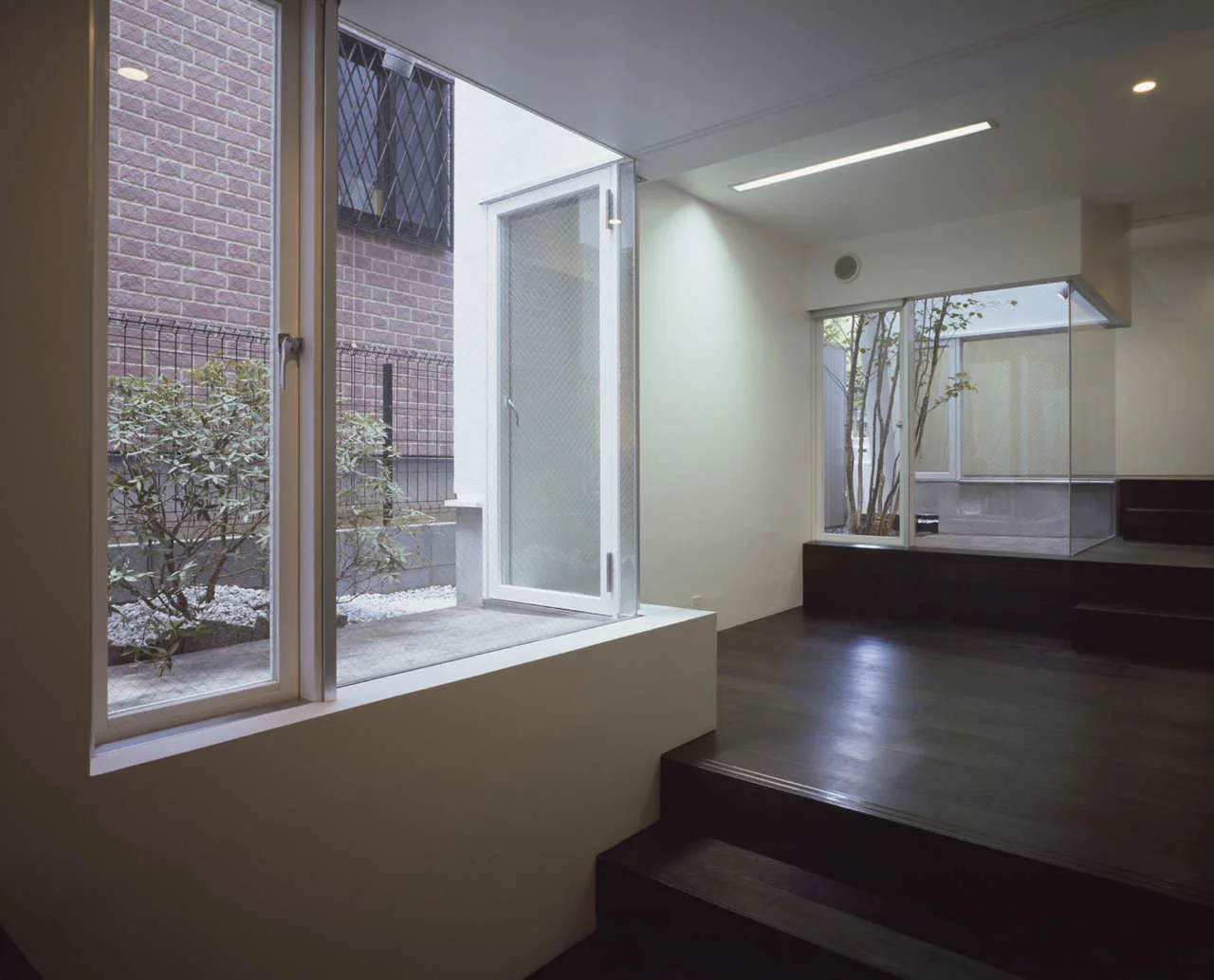 A minimalist split-level interior room featuring dark wood floors, smooth white walls, and large windows looking out to a compact courtyard.