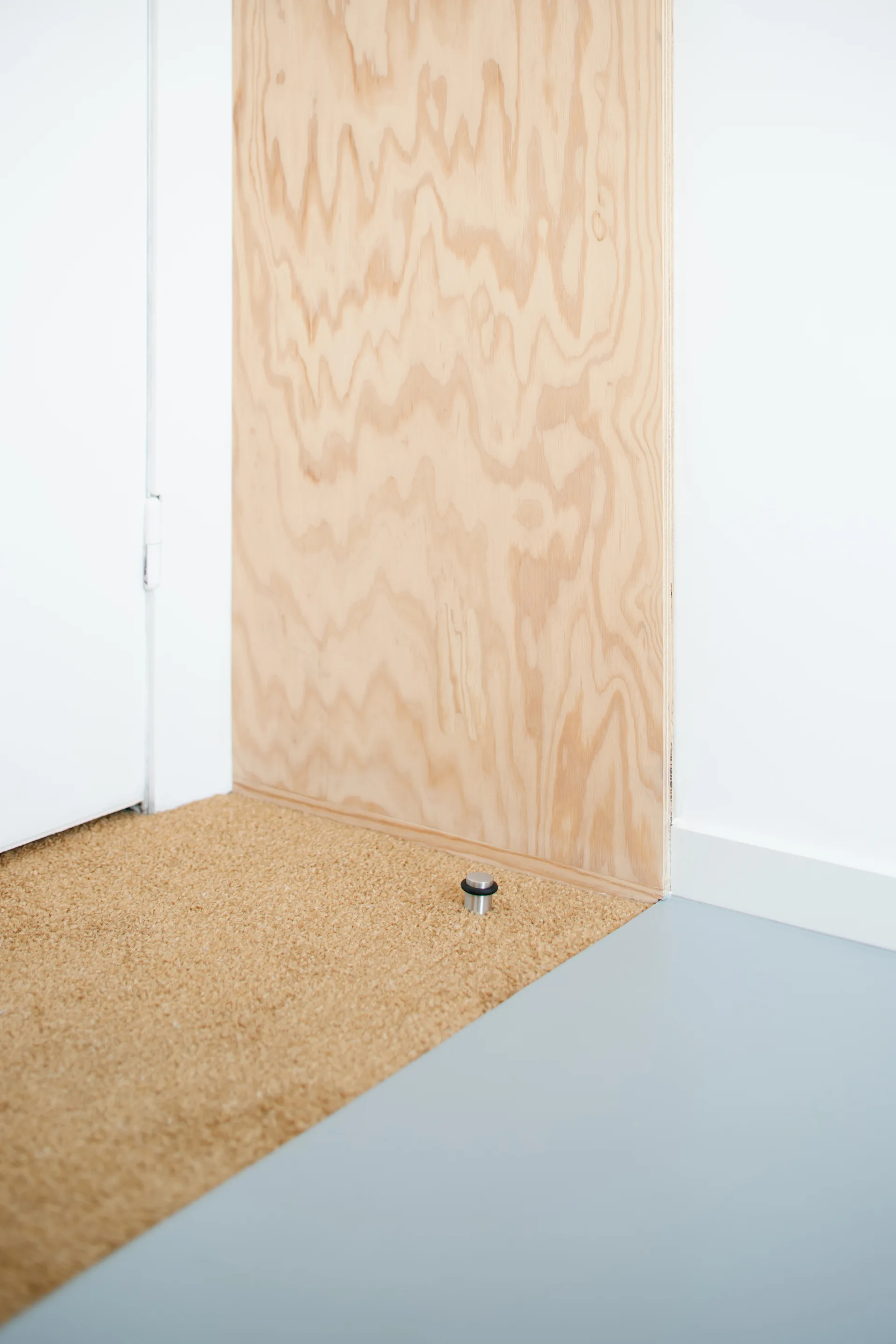 A close-up of an entryway corner showing a white door frame, a vertical plywood wall panel, a tan textured coir mat, and a metal floor doorstop.