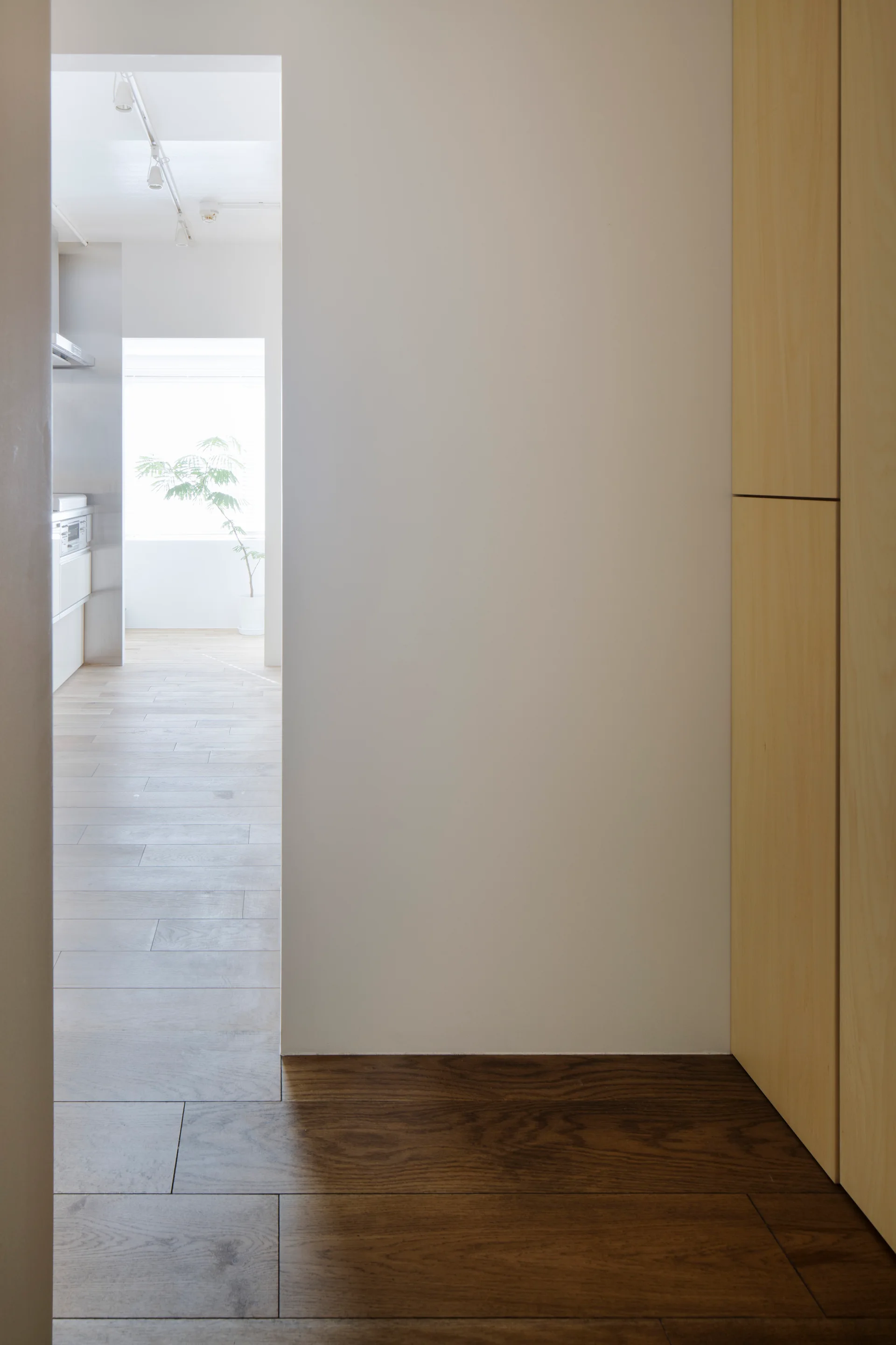 A minimalist entryway with dark wood plank flooring, plain white walls, light wood cabinetry, and an open doorway looking into a bright room.