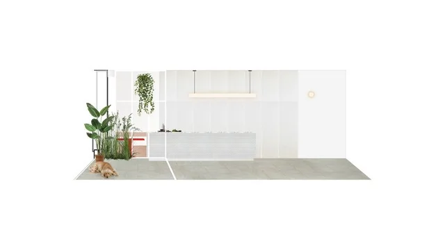 An architectural rendering of a minimalist kitchen featuring a textured tile island, a linear pendant light, vertical wall paneling, and indoor plants.