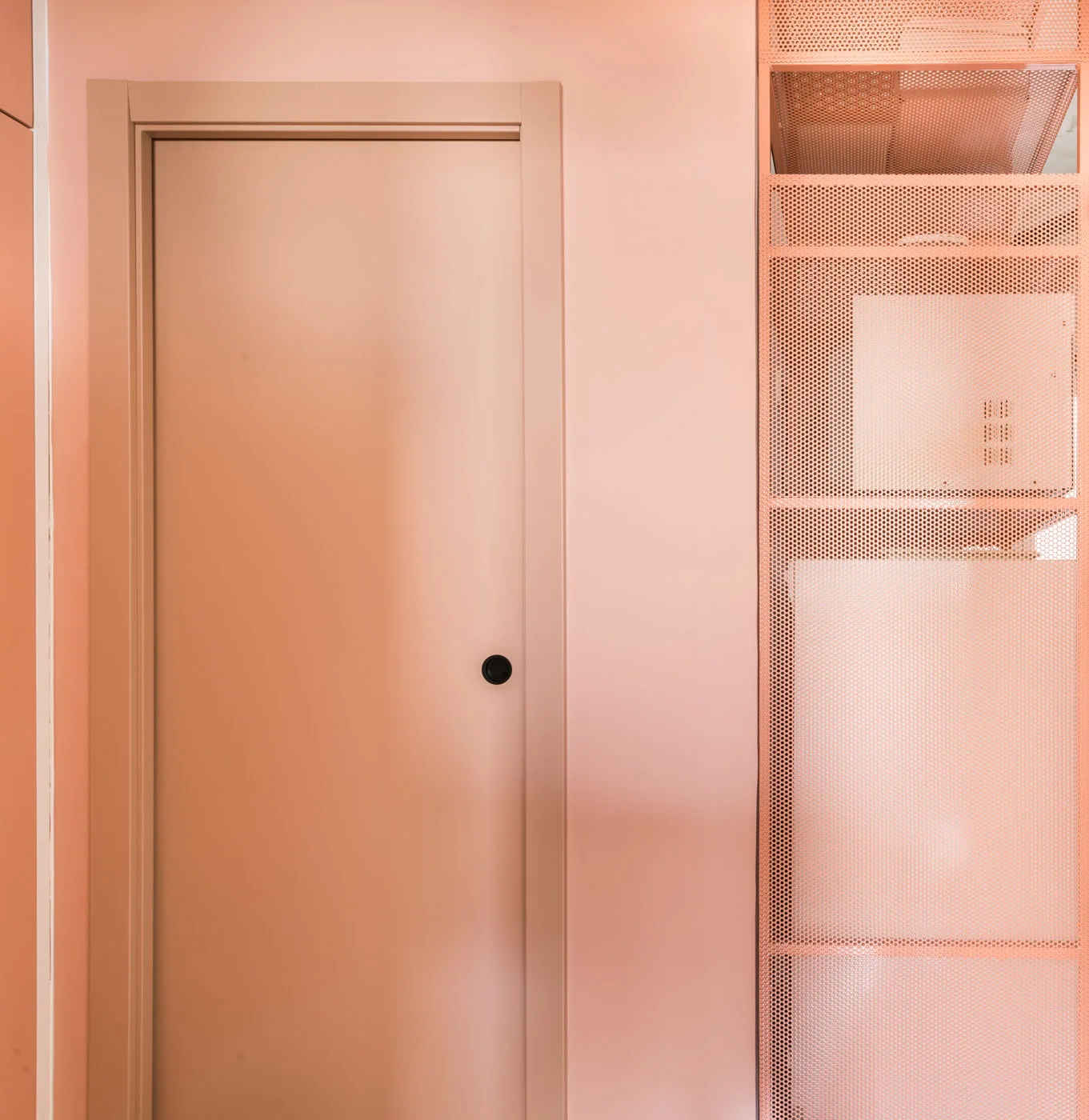 A peach-colored interior door with a small black knob stands next to a matching perforated metal shelving unit.