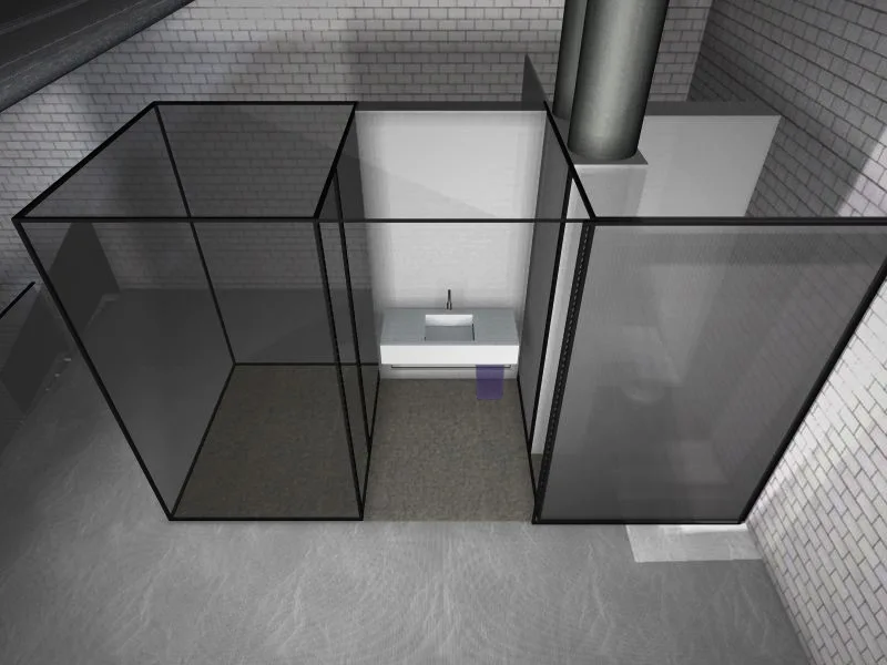 Overhead view of a modern bathroom layout featuring black metal-framed glass partitions, a floating white vanity, and white subway tile walls.