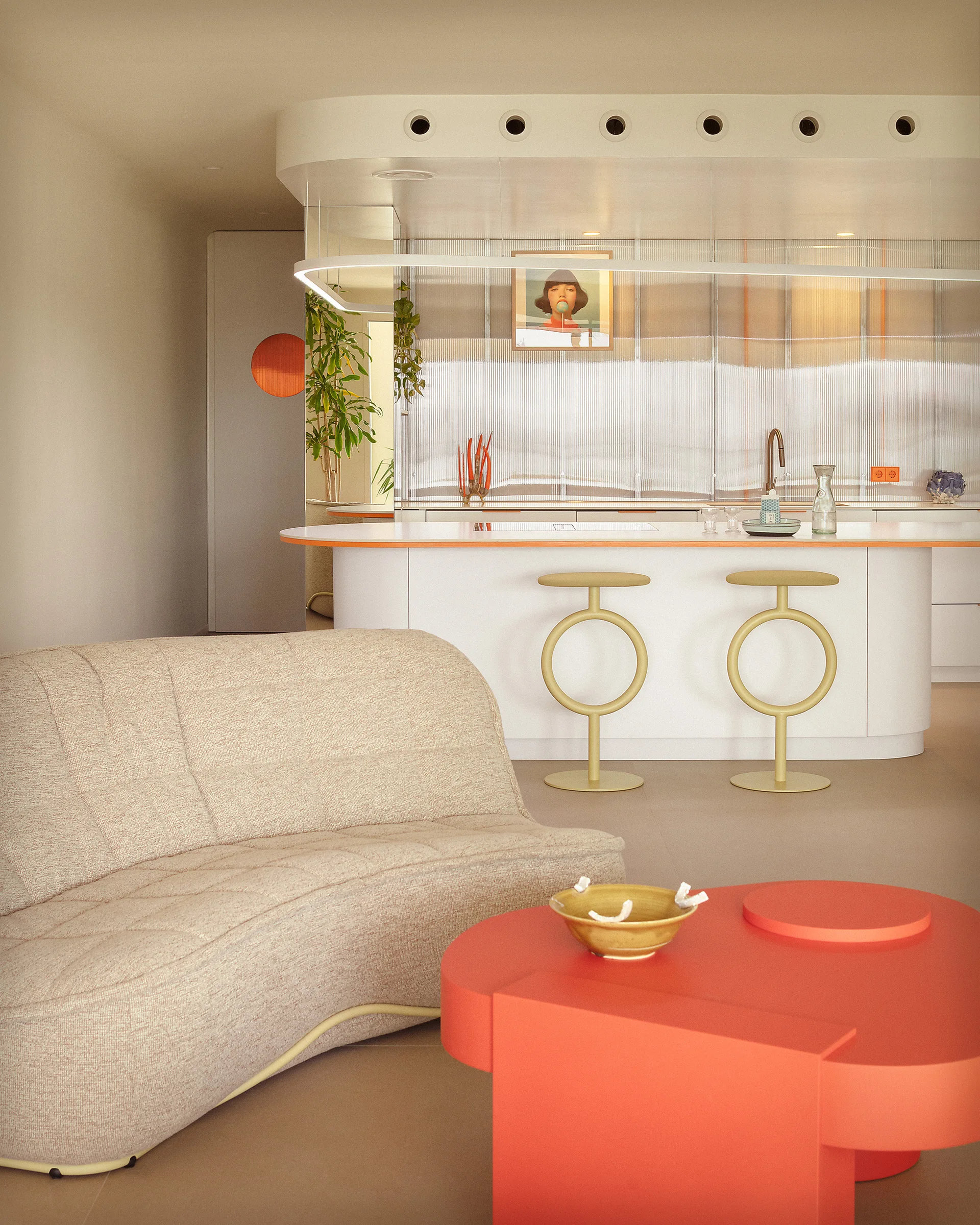 A curved beige sofa and red coffee table face a white kitchen island with yellow circle-frame stools against a translucent fluted glass wall.