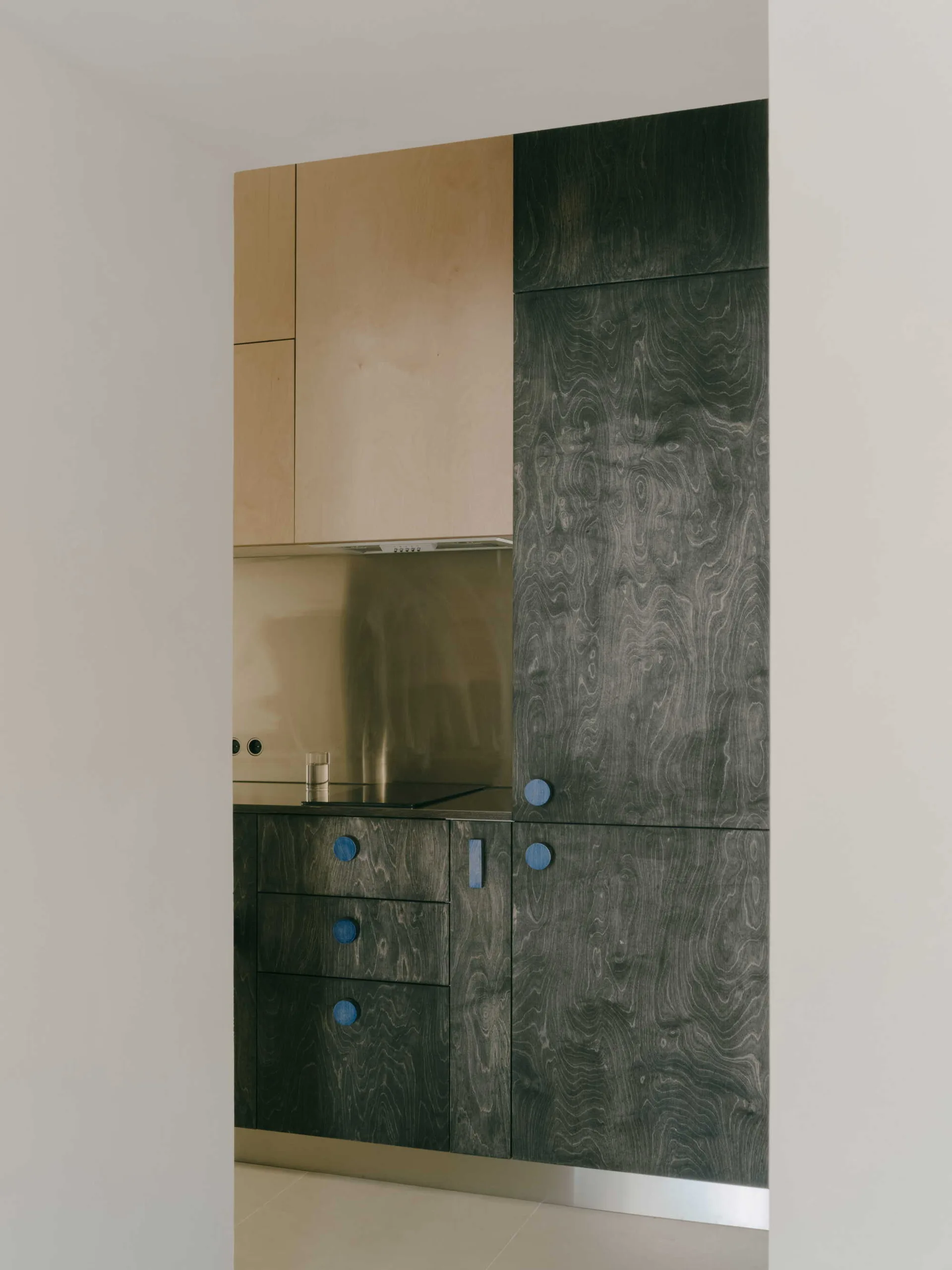 Minimalist kitchen cabinetry featuring a mix of light natural wood and charcoal-stained plywood with circular blue pulls and a stainless steel backsplash.