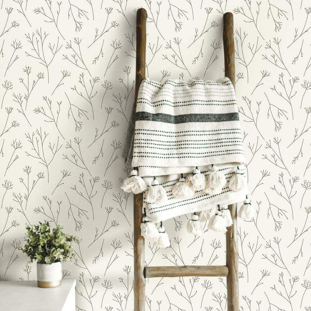A rustic wooden decorative ladder draped with a striped tassel throw blanket stands against botanical print wallpaper next to a small potted plant.