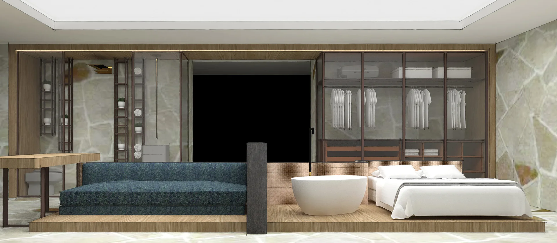 A modern bedroom suite features a bed, freestanding bathtub, and a blue sofa on a raised wooden platform in front of a dark glass wardrobe.