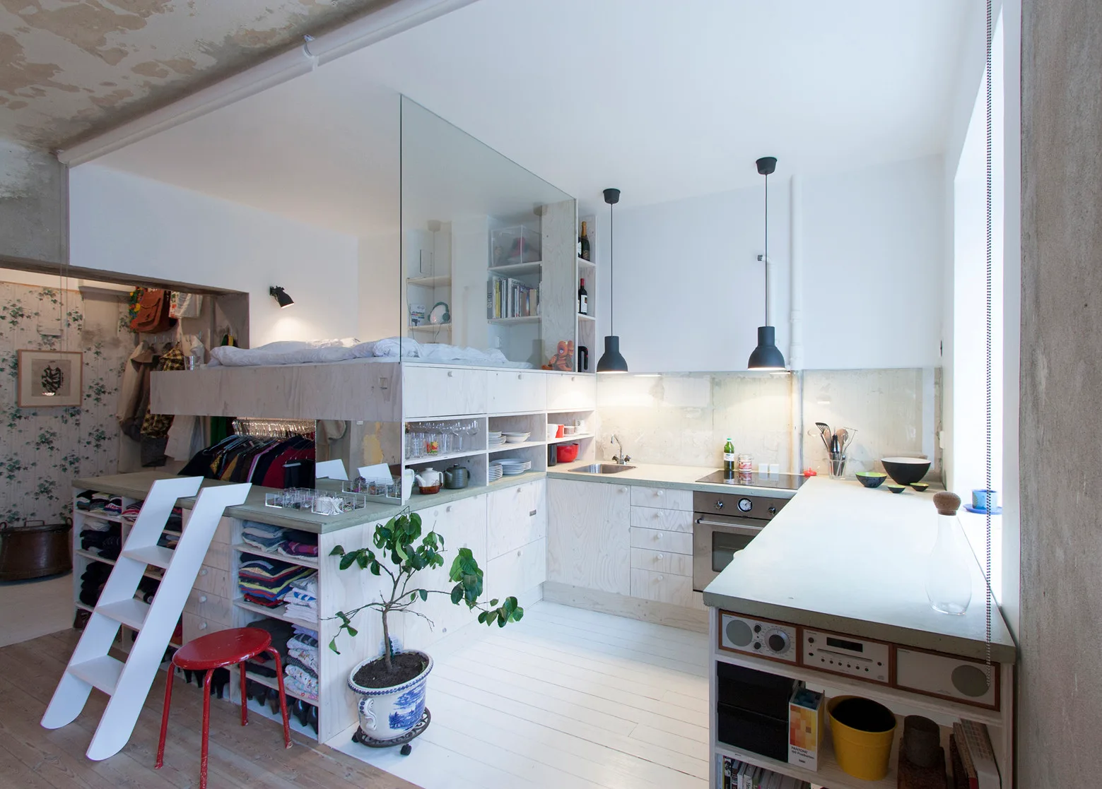 A compact studio apartment kitchen with a custom plywood loft bed built above the cabinetry, a white wooden ladder, and exposed concrete ceilings.