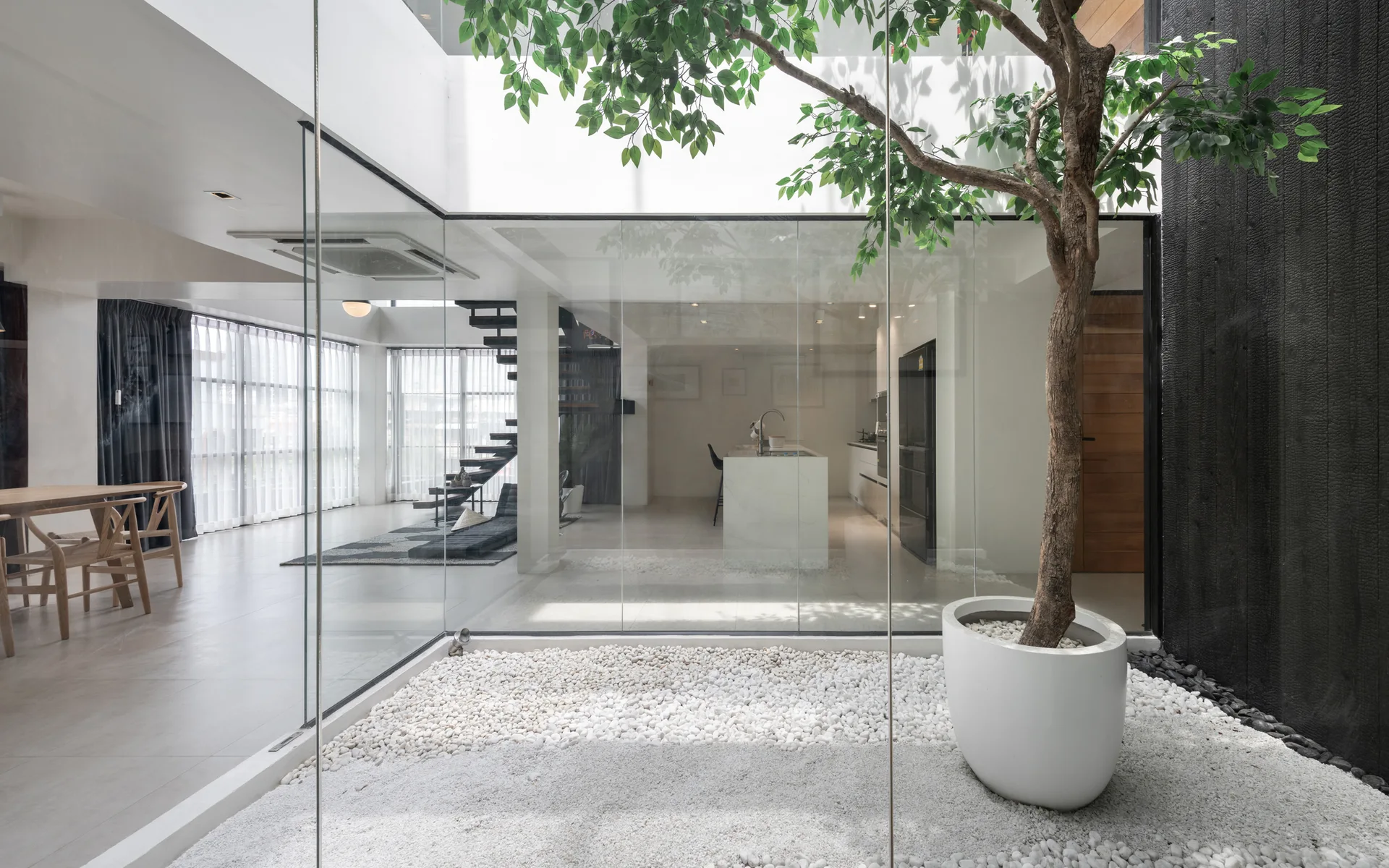A modern open-plan home interior separated by a floor-to-ceiling glass wall from an indoor courtyard with white gravel and a potted tree.