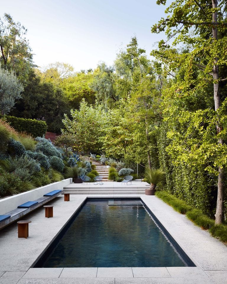 A rectangular swimming pool is flanked by a long built-in wooden bench and a terraced hillside with stone stairs and lush green trees.